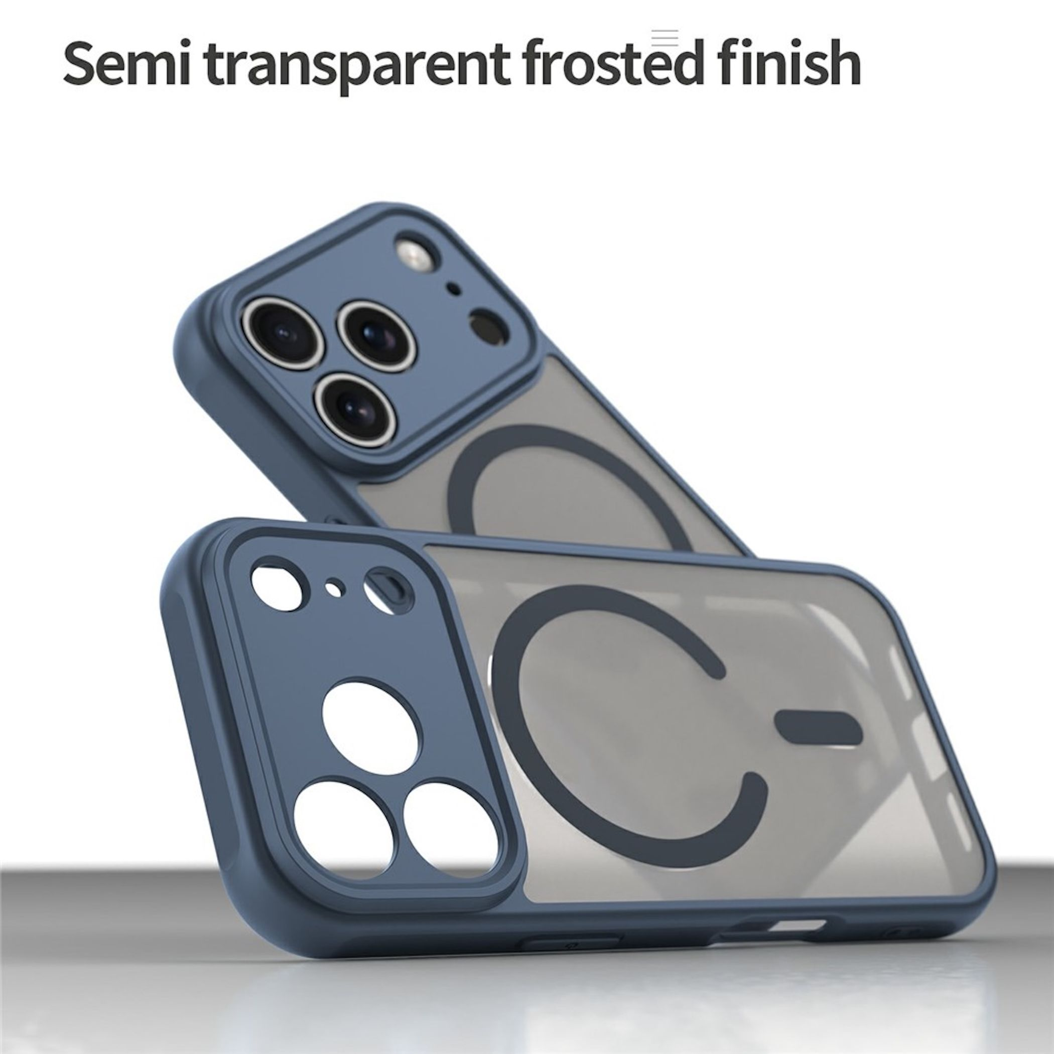 Dos fundas de teléfono azules con un acabado esmerilado semitransparente y anillo magnético.