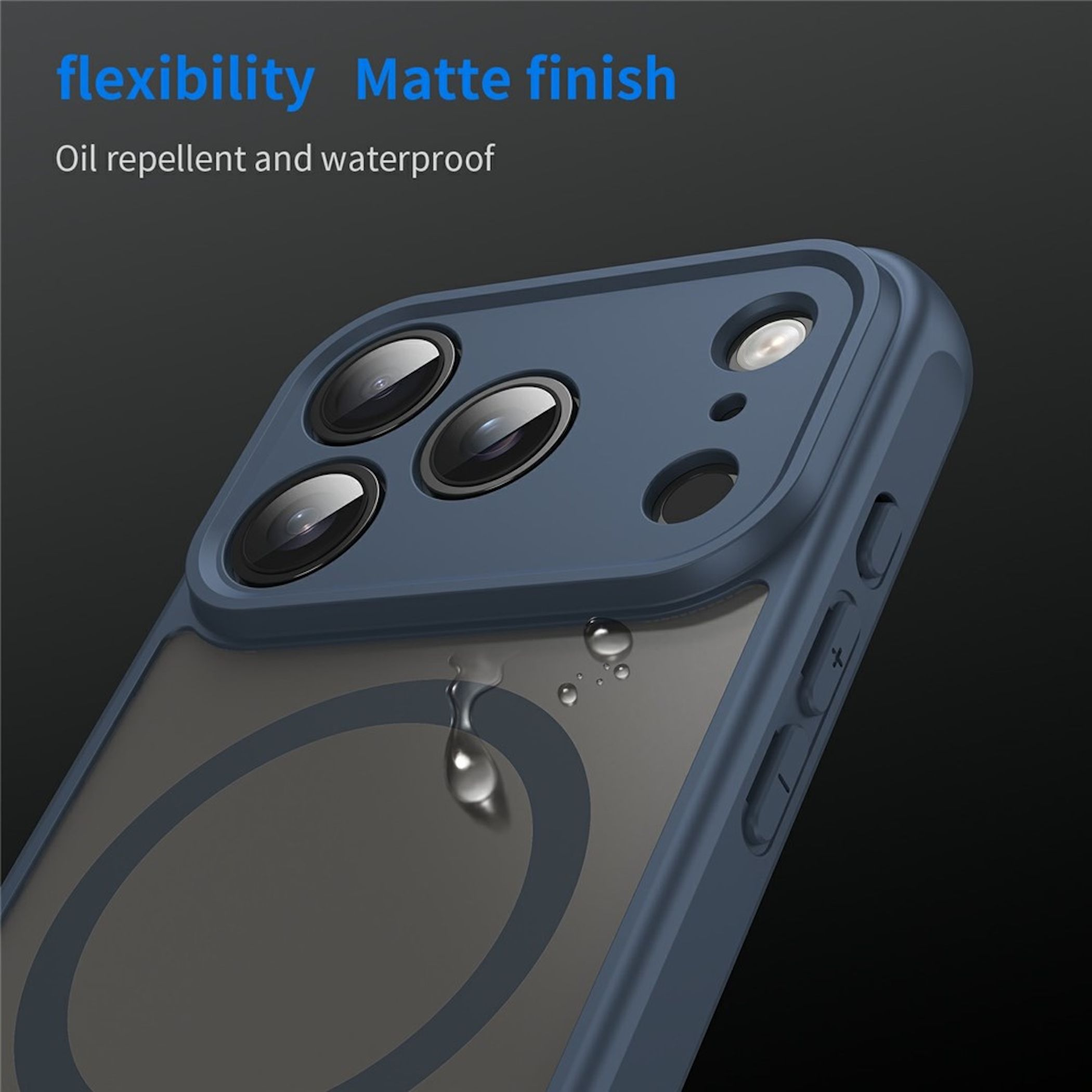 Funda azul para smartphone con recorte para cámara y gotas de agua.