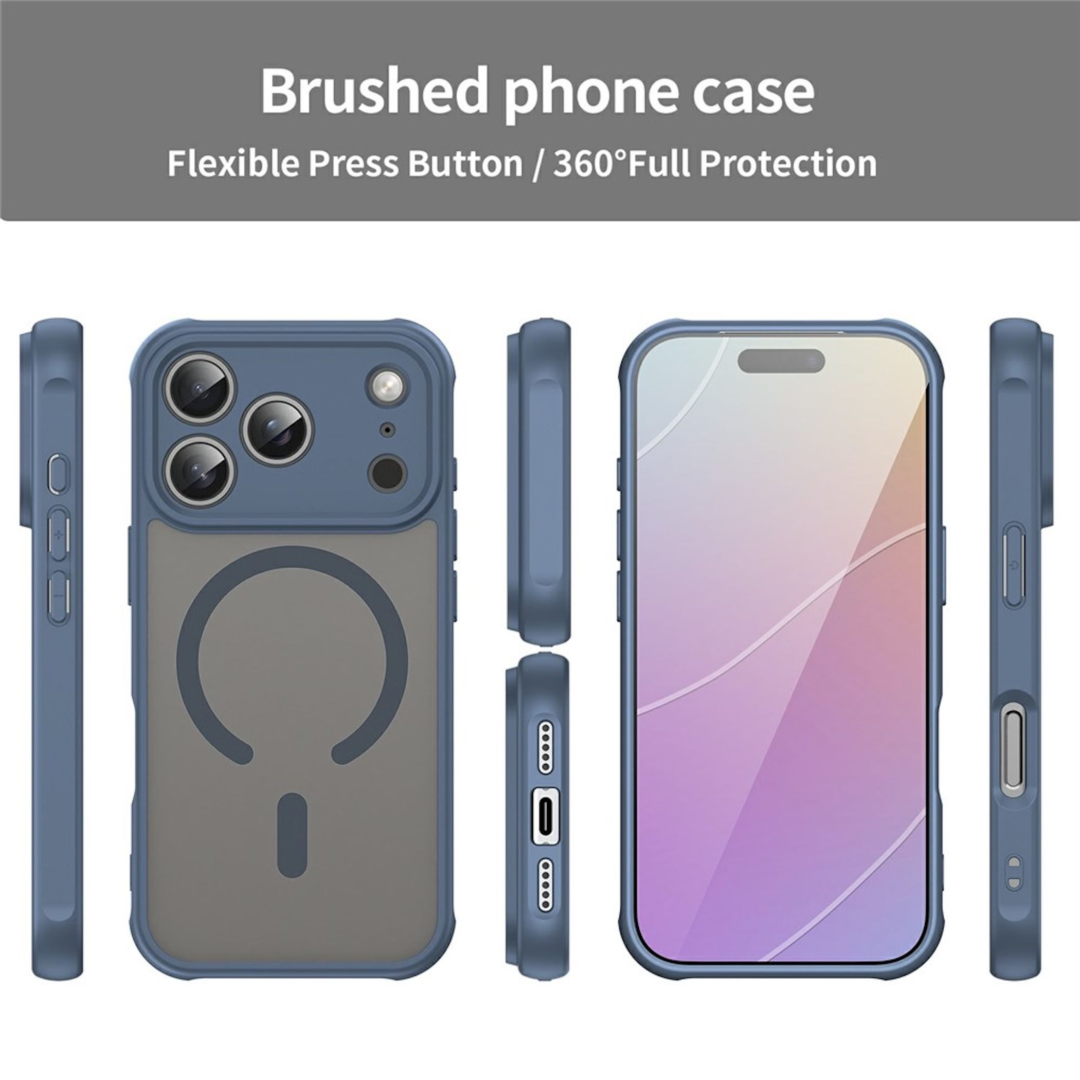 Funda de teléfono azul vista desde varios ángulos con anillo magnético y botones.
