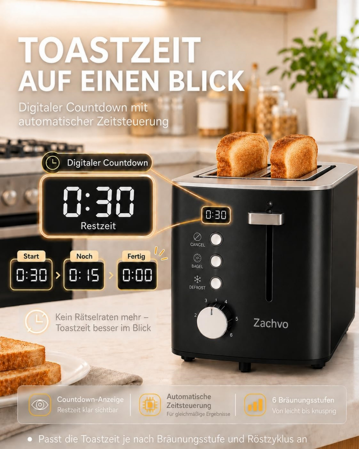 Ein schwarzer Toaster mit digitalem Countdown zeigt an, wie zwei Brotscheiben in der Küche getoastet werden.