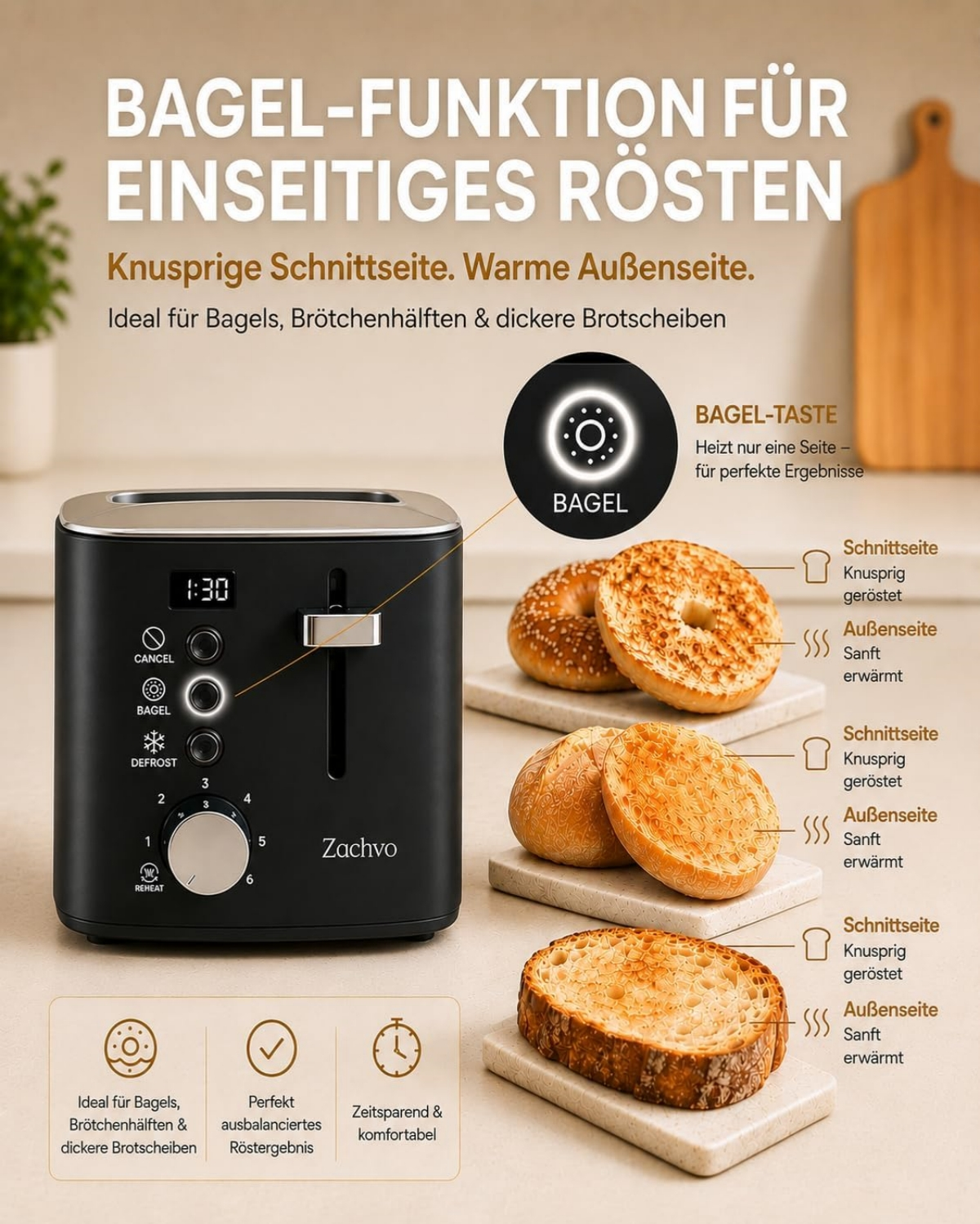 Ein schwarzer Toaster mit Digitaldisplay und Bagel-Funktion neben getoastetem Brot.