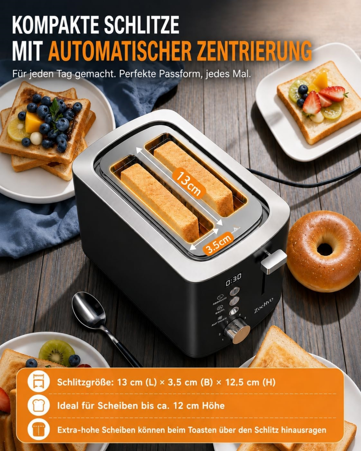 Ein schwarzer Toaster mit zwei Schlitzen, Toastscheiben und Obst auf einem Holztisch.