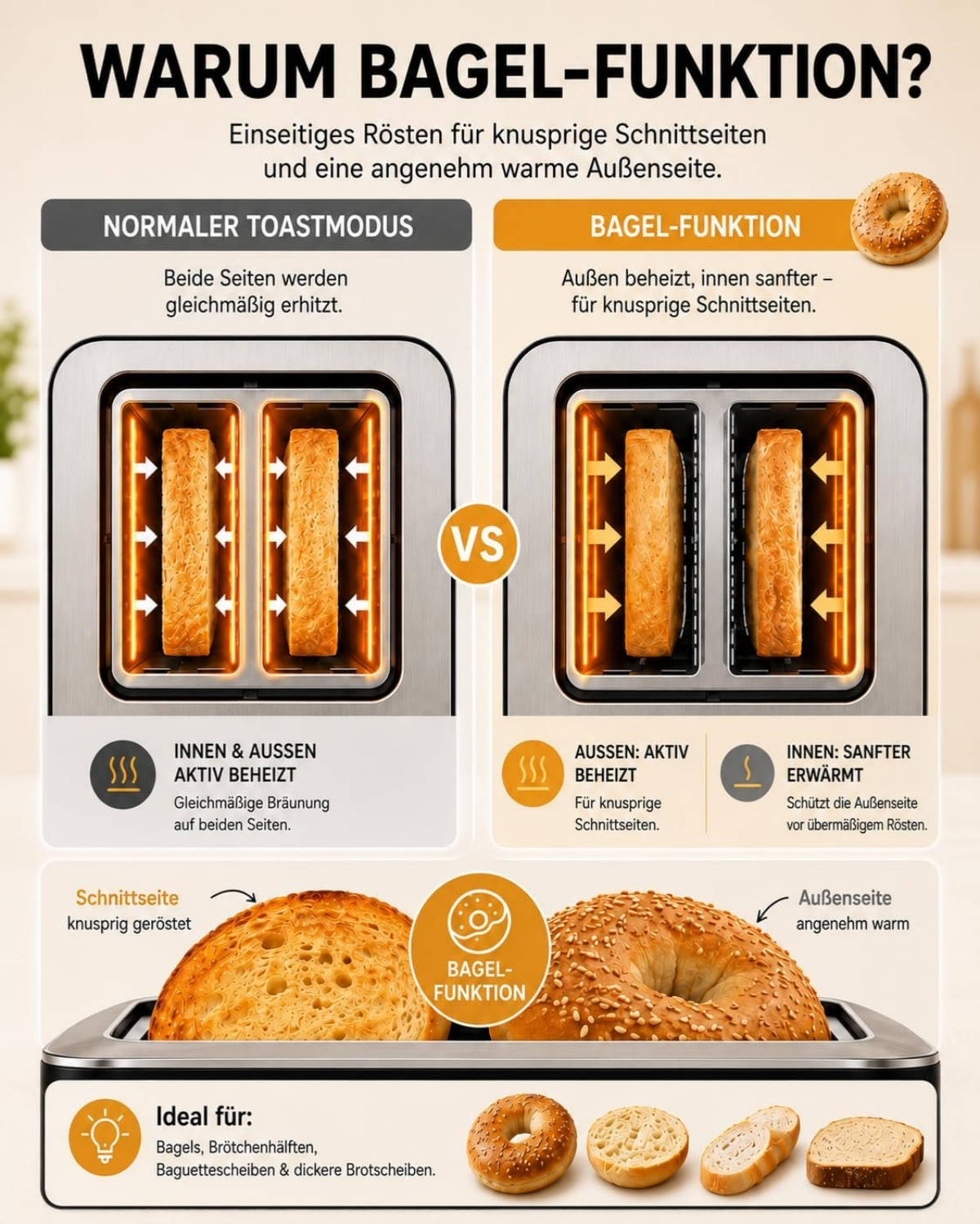Vergleich zwischen normalem Toastmodus und Bagel-Funktion, die einseitig röstet.