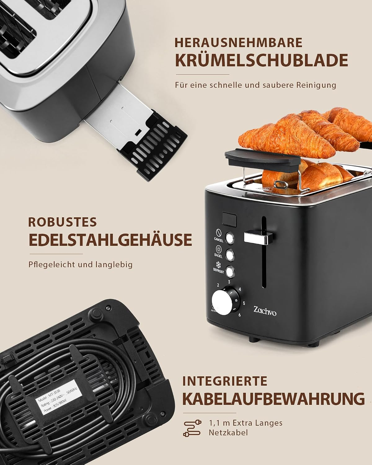 Ein schwarzer Toaster mit Croissants, herausziehbarer Krümelschublade, Edelstahlgehäuse und Kabelaufbewahrung.