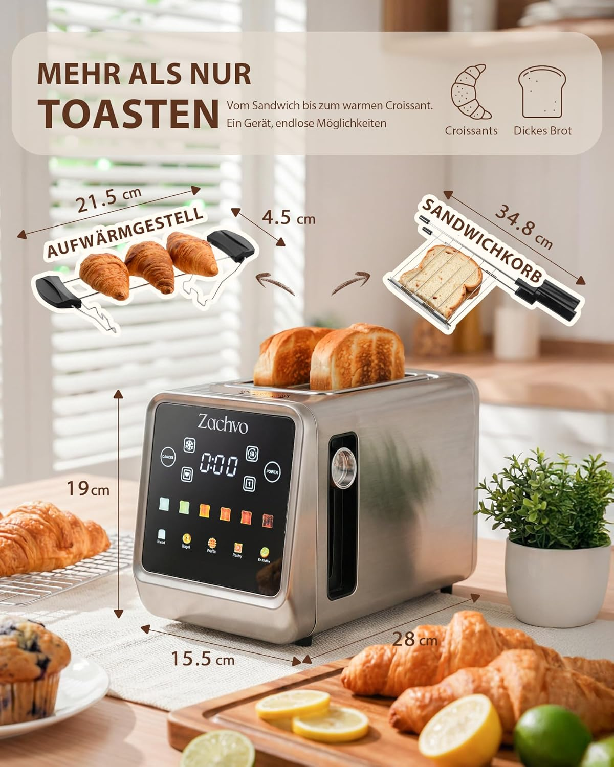 Edelstahl-Toaster mit Digitaldisplay, Brötchenaufsatz und Sandwichkorb, inklusive Maßangaben.