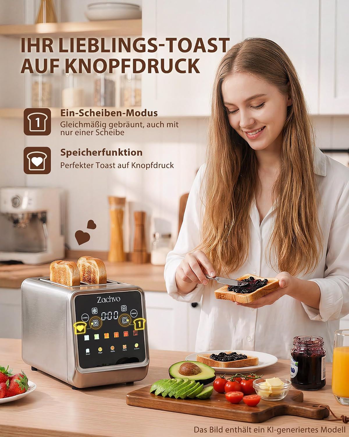 Eine Frau streicht Marmelade auf Toast, neben einem modernen Toaster und frischem Obst in einer Küche.