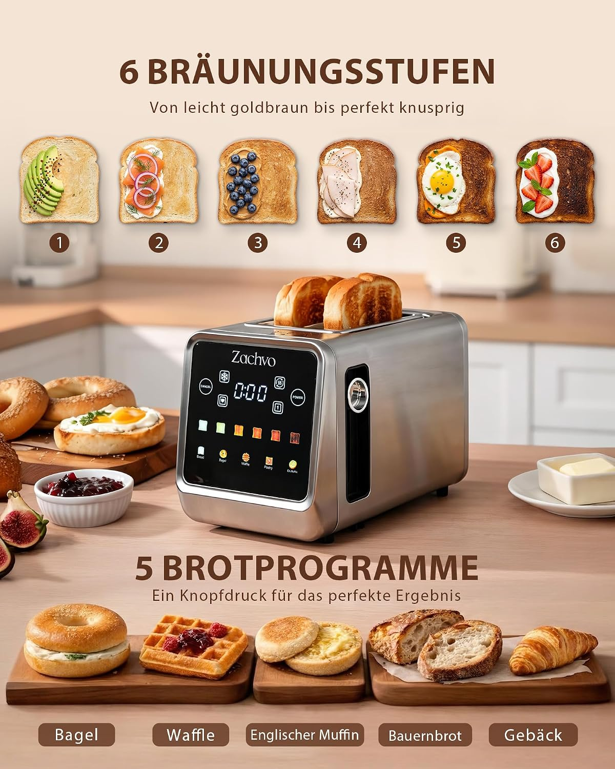 Edelstahl-Toaster mit digitalem Display und verschiedenen Brotsorten sowie Bräunungsstufen.