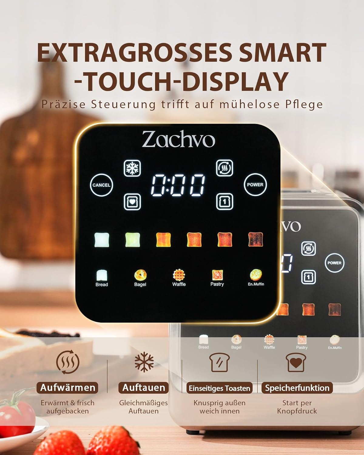 Ein Toaster mit großem Touch-Display zeigt verschiedene Brot- und Bräunungsstufen sowie Steuerungsoptionen.
