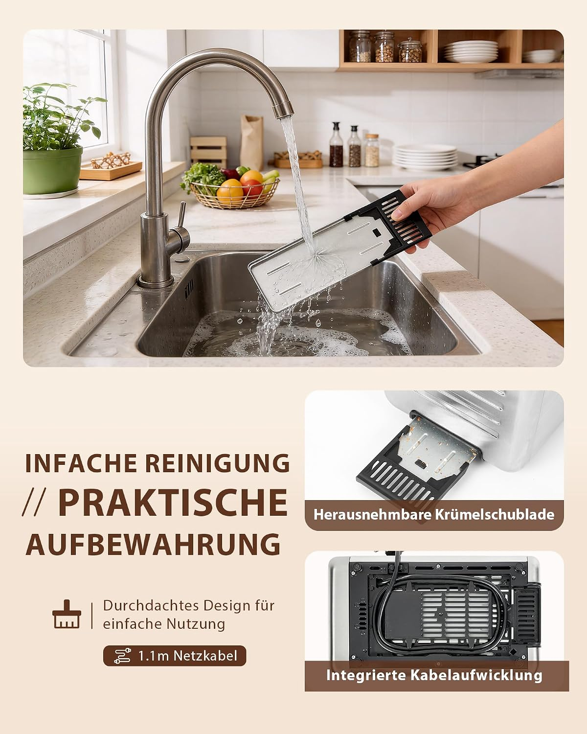Hand wäscht herausnehmbare Krümelschublade eines Toasters im Küchenwaschbecken unter fließendem Wasser.