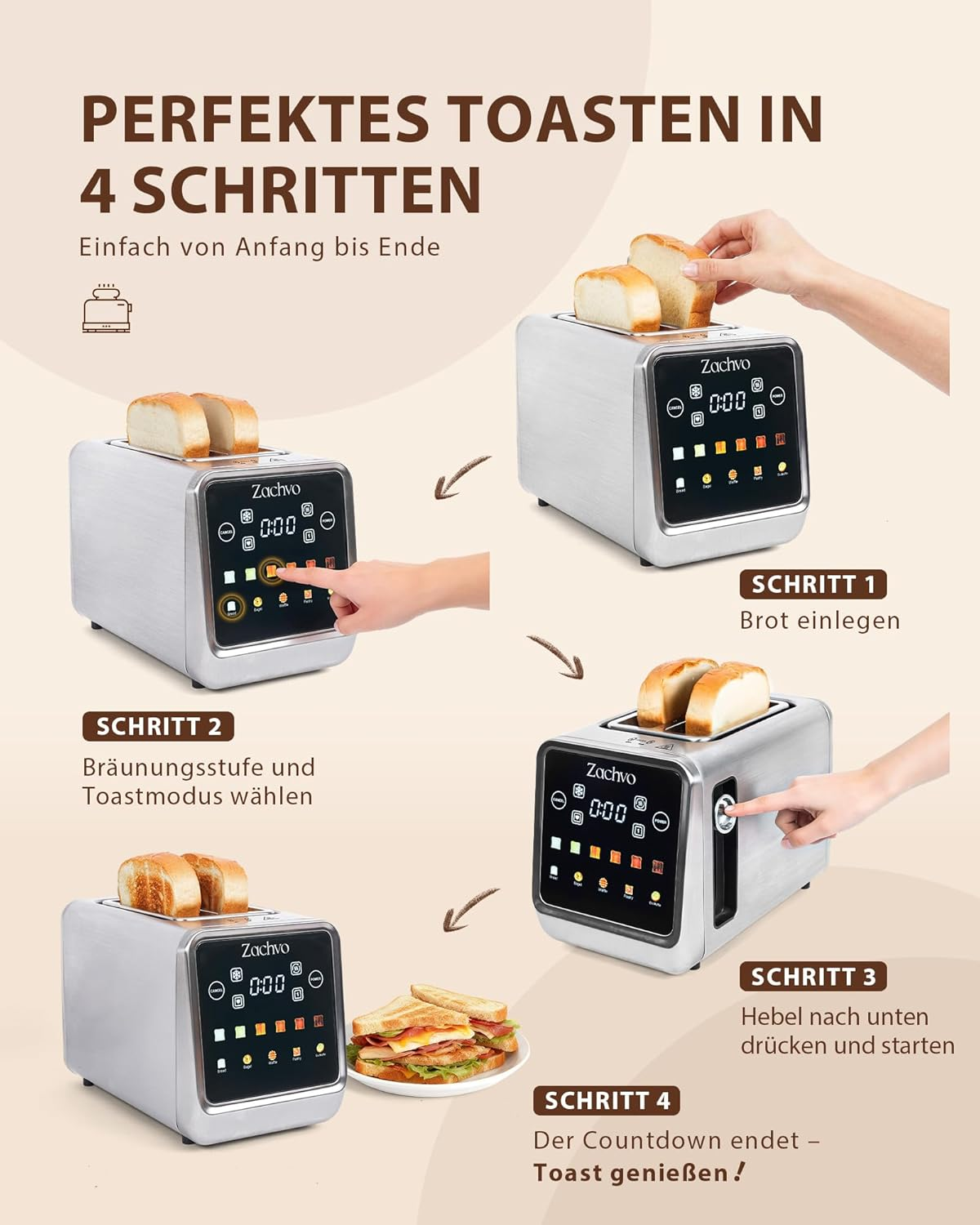 Infografik zeigt vier Schritte zum Toasten mit einem modernen Edelstahltoaster mit Digitaldisplay.