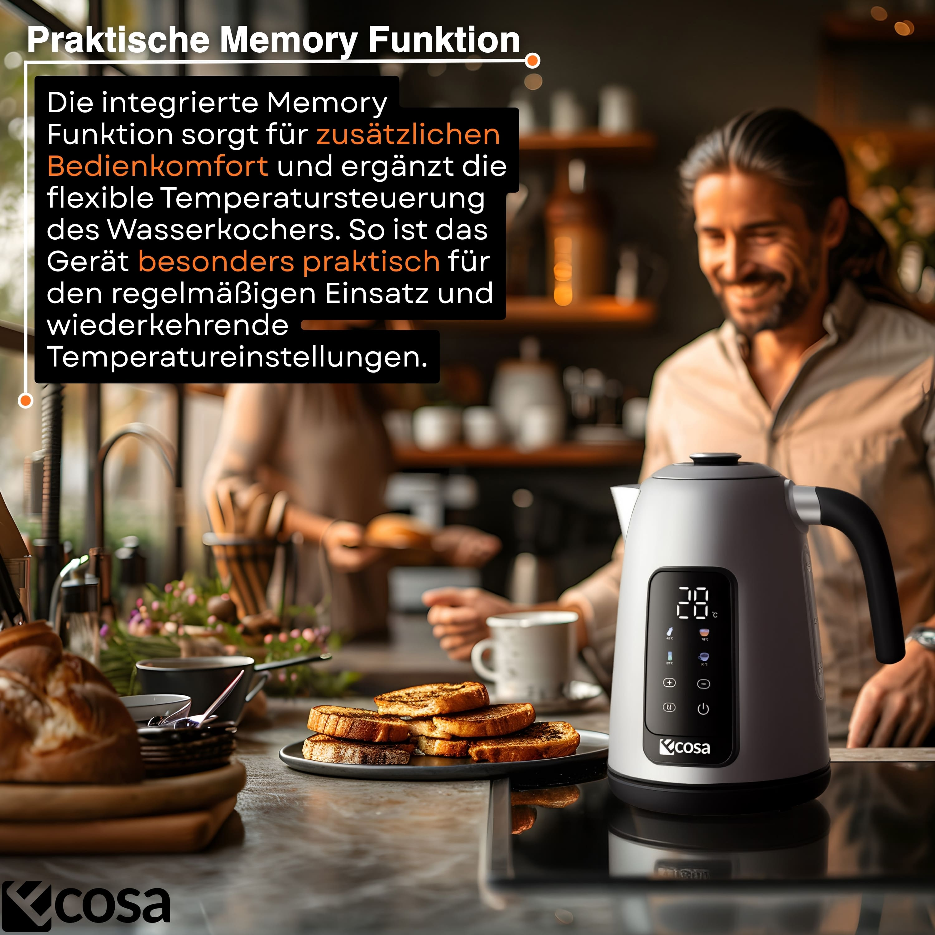 Moderne Küche mit Mann, Wasserkocher mit digitaler Anzeige und Toast auf der Arbeitsplatte.