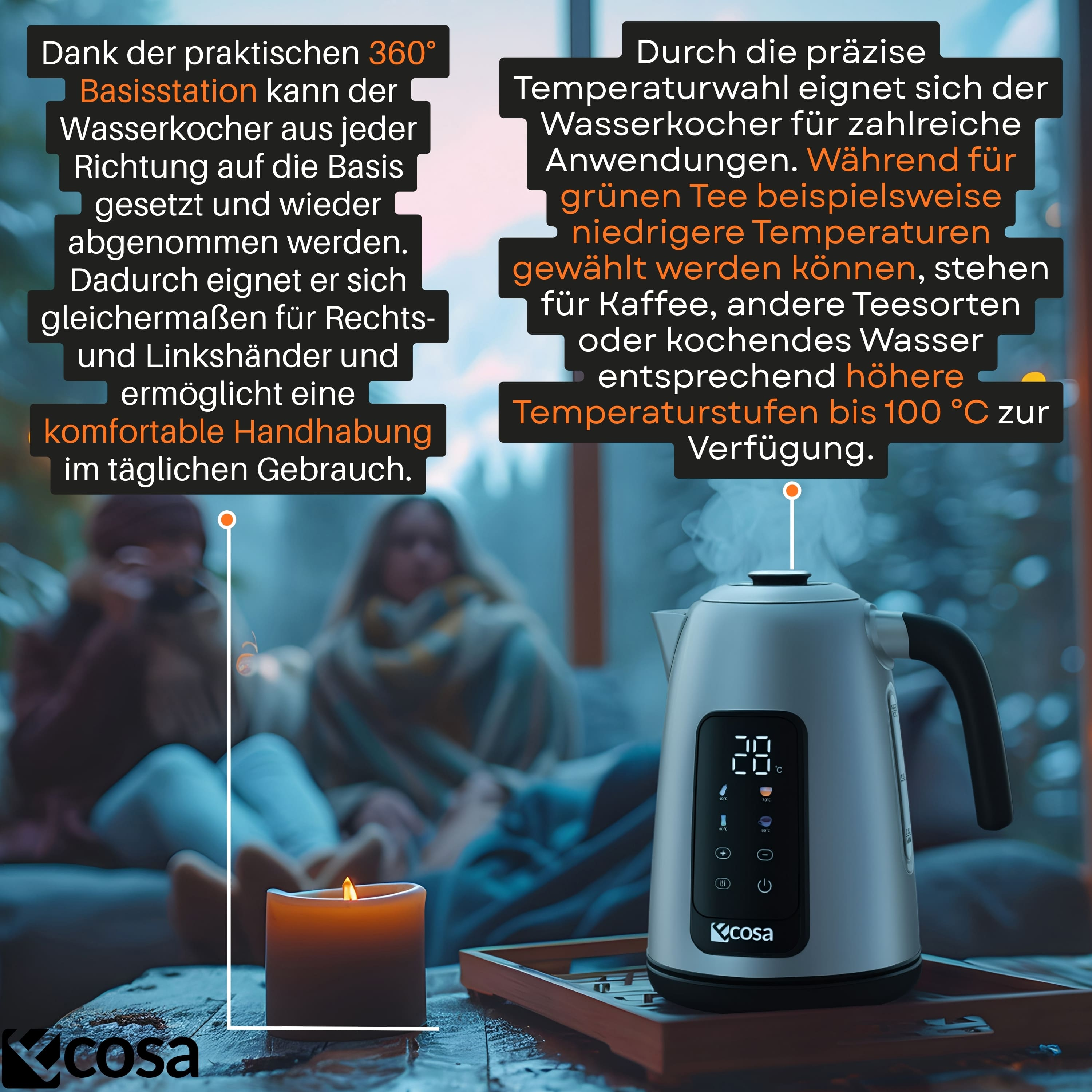 Ein silberner Wasserkocher mit digitalem Display auf einer Holzunterlage, im Hintergrund verschwommene Personen.