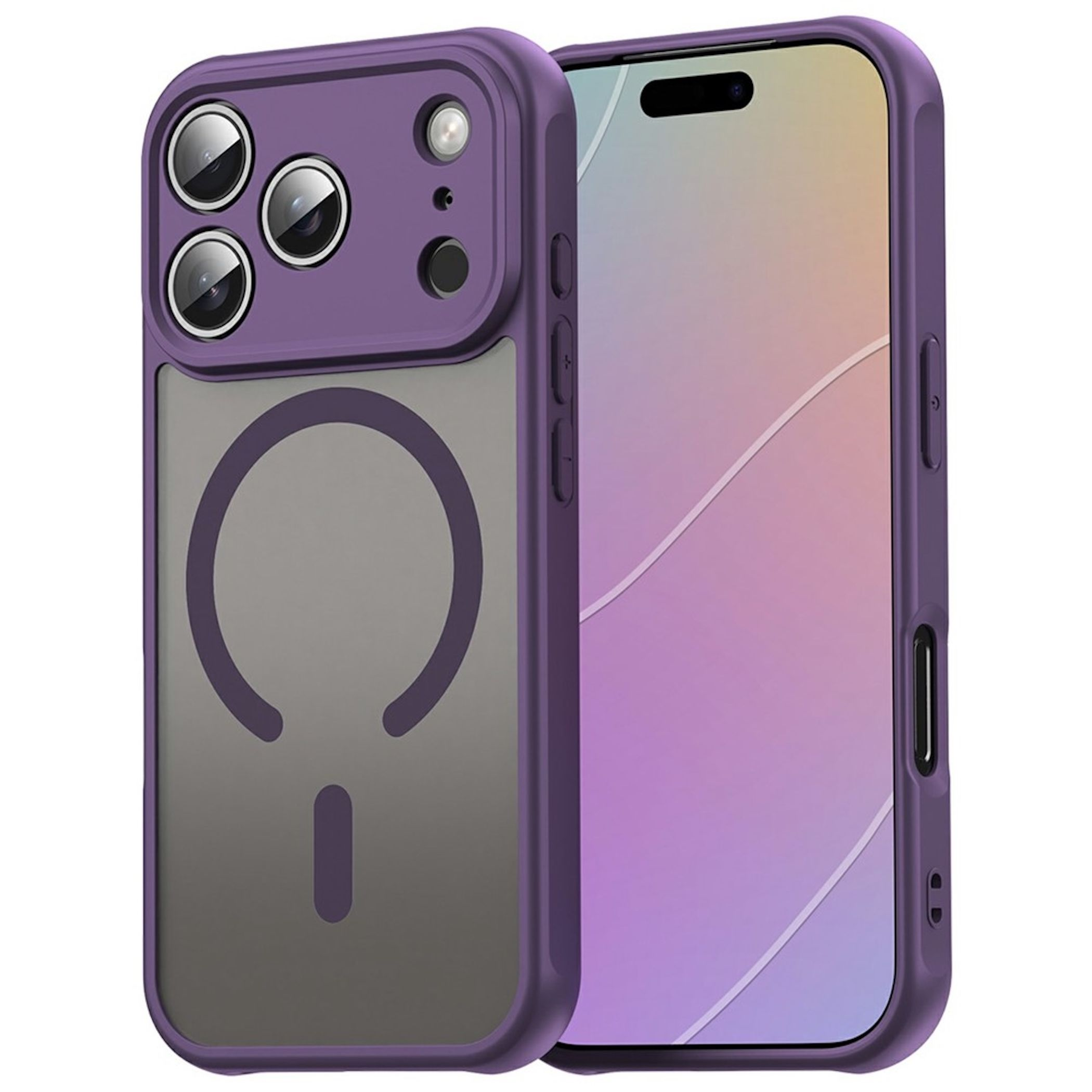 Una funda de smartphone morada con trasera translúcida, anillo MagSafe y protección de cámara, mostrada con móvil.