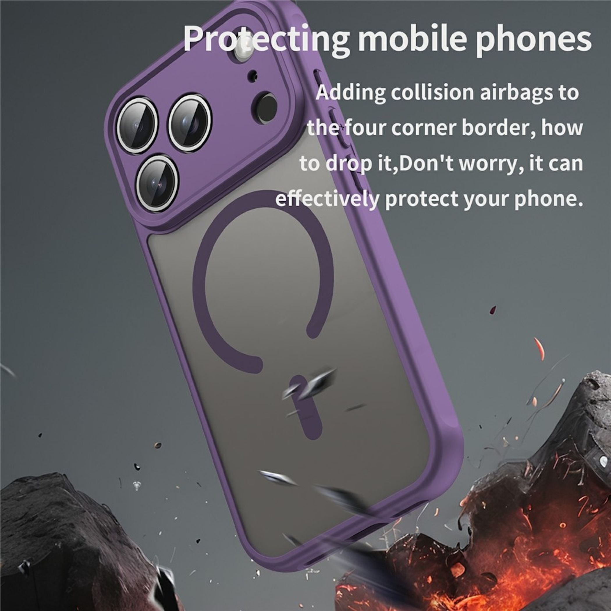 Una funda de móvil morada con diseño protector sobre un fondo oscuro, rocoso y ardiente.