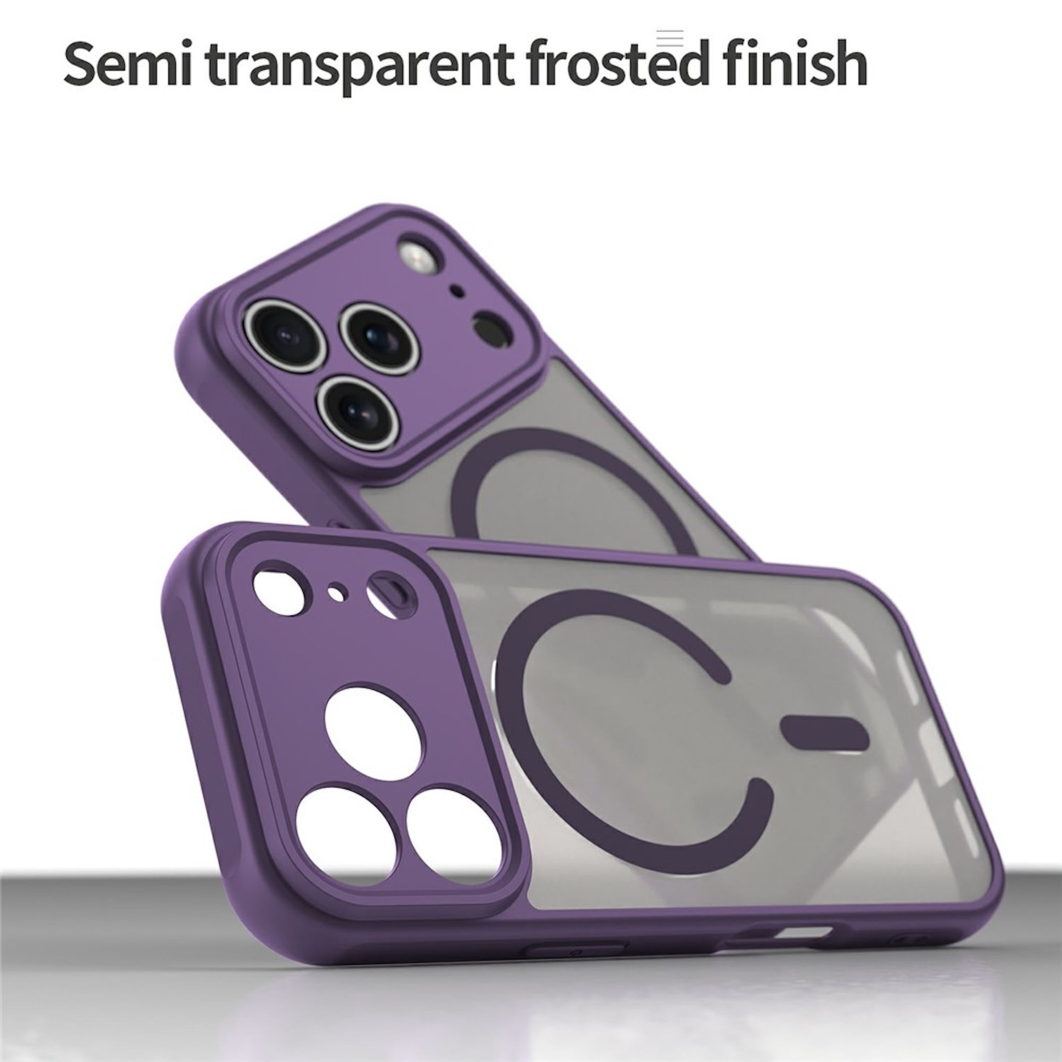 Dos fundas de teléfono moradas semitransparentes con acabado esmerilado y anillos MagSafe sobre fondo blanco.