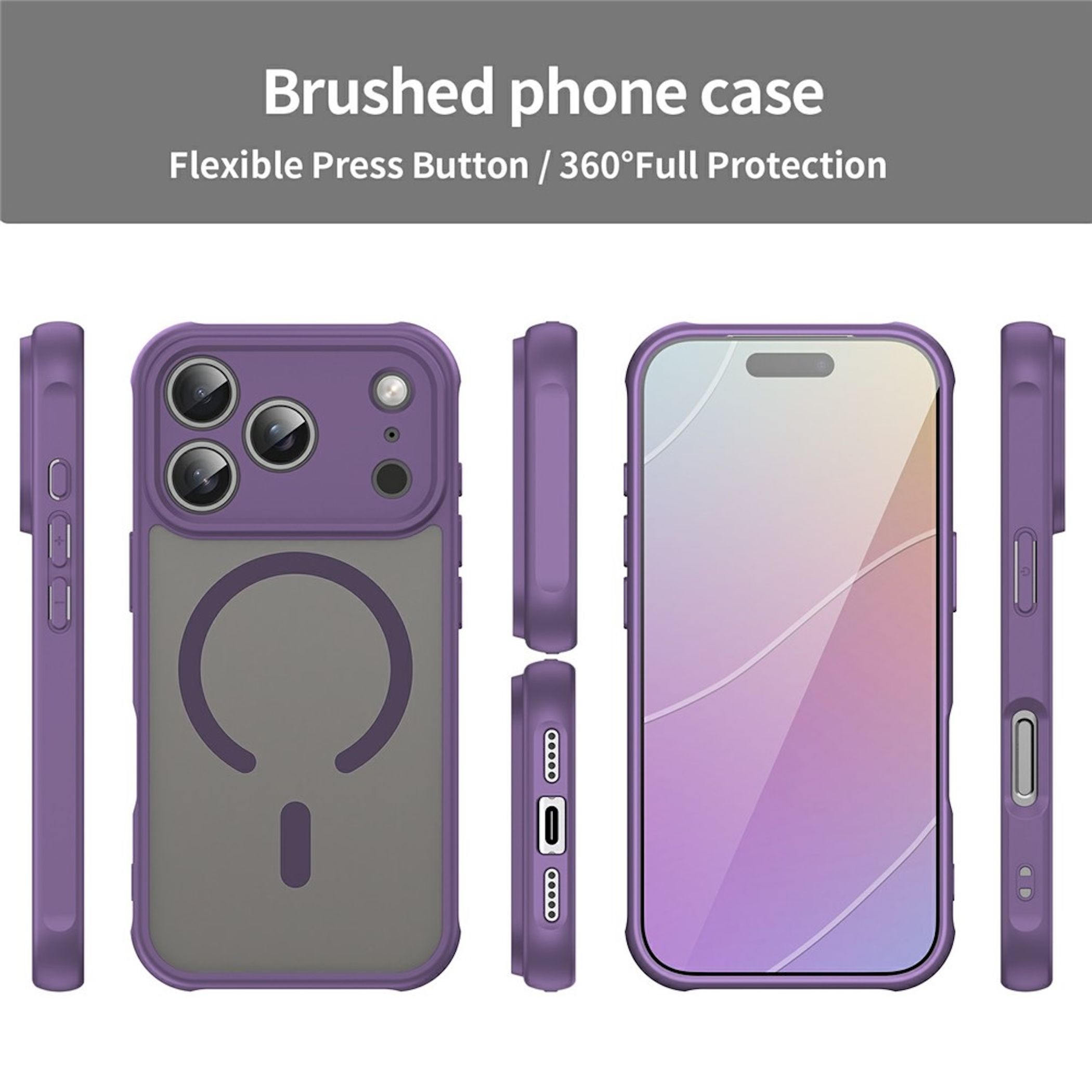 Vista de una funda de móvil morada desde varios ángulos, destacando la protección de la cámara y botones.