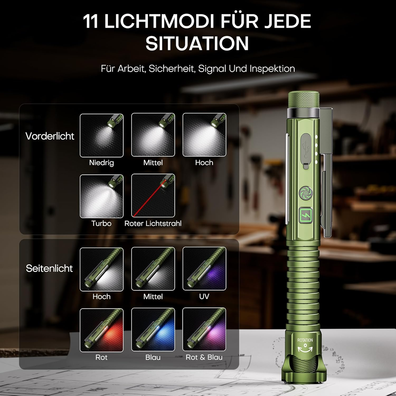 Eine grüne taktische Taschenlampe mit Einsätzen, die ihre 11 verschiedenen Lichtmodi zeigen.