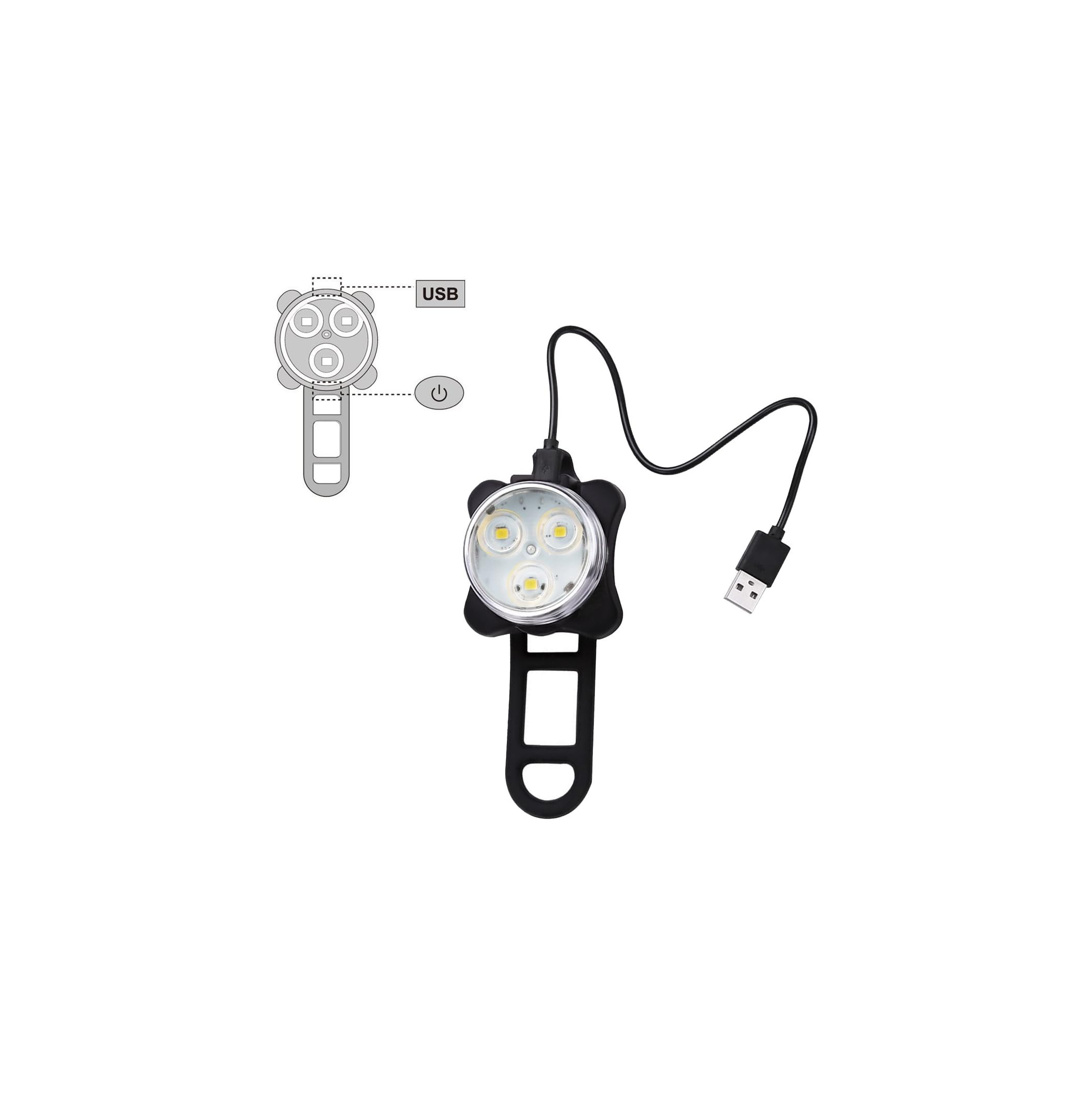 Eine schwarze Fahrradlampe mit drei LED-Birnen, einem USB-Ladekabel und einem Diagramm.