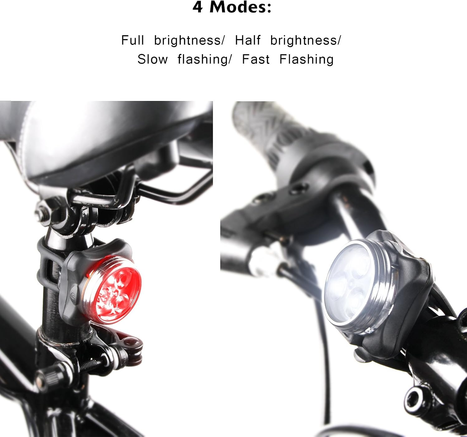 Fahrradlichter mit 4 Modi: volle und halbe Helligkeit sowie langsames und schnelles Blinken.