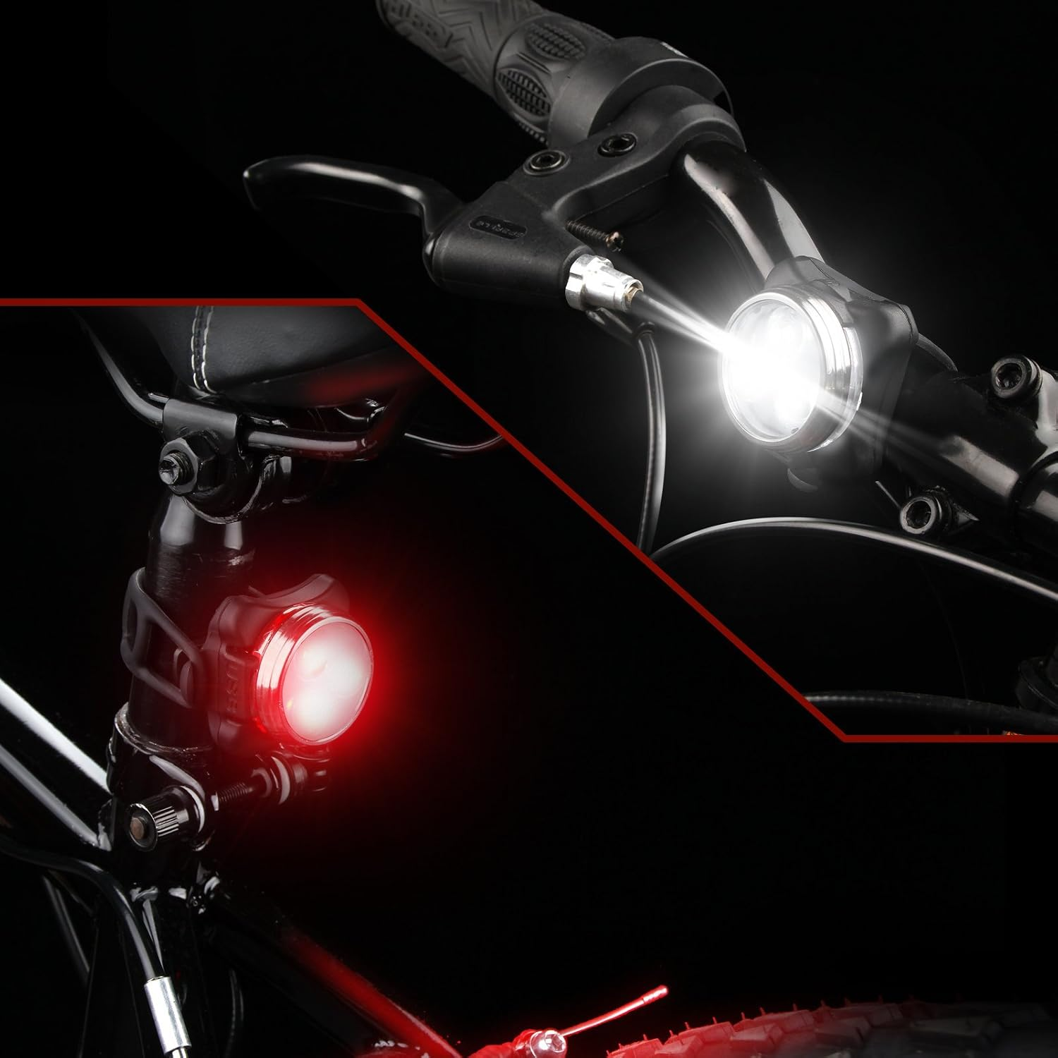 Fahrradbeleuchtung mit hellem Frontlicht und rotem Rücklicht.