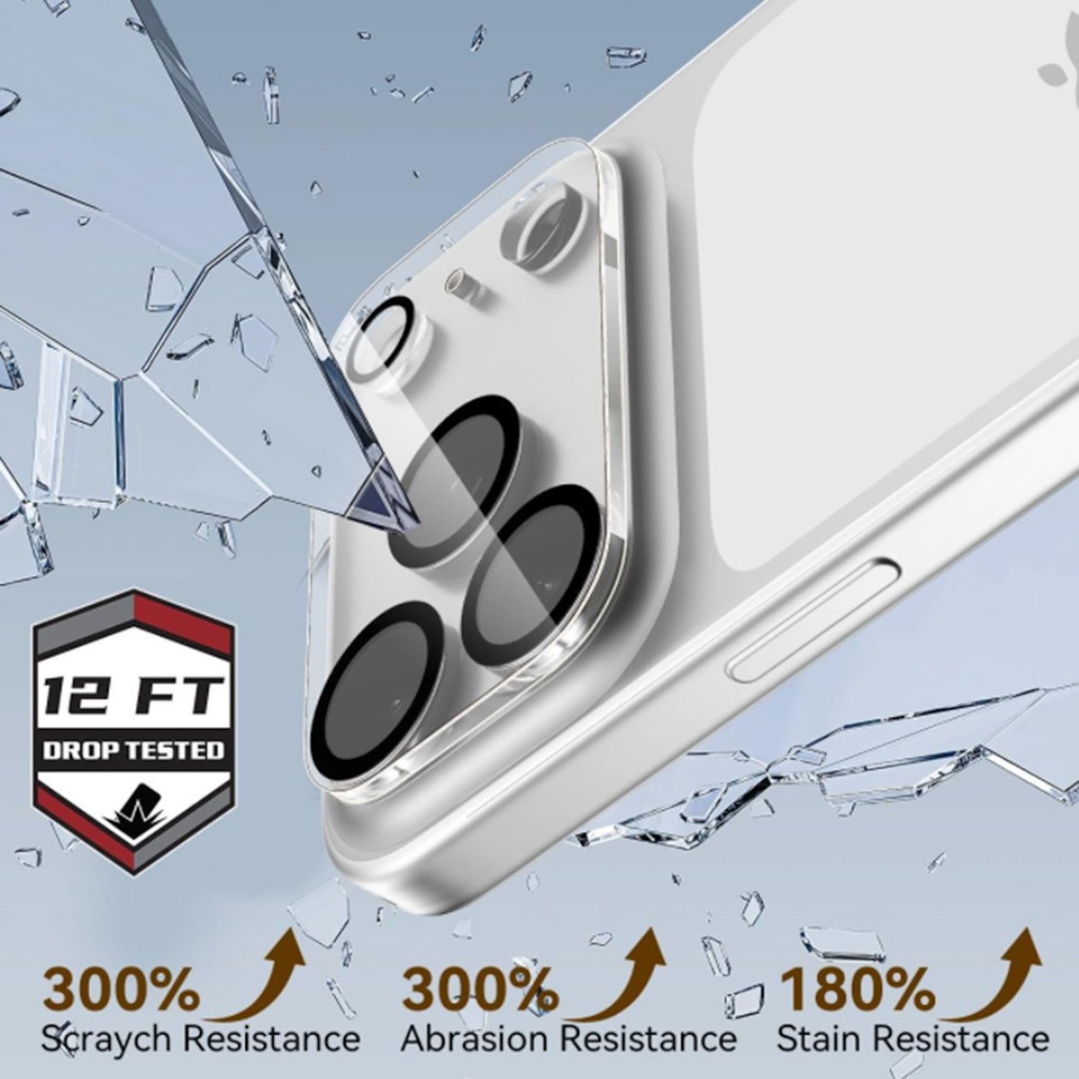 Ein weißes Smartphone mit drei Kameralinsen und Schutzgrafiken wie 12 FT Drop Tested sowie Prozentangaben.
