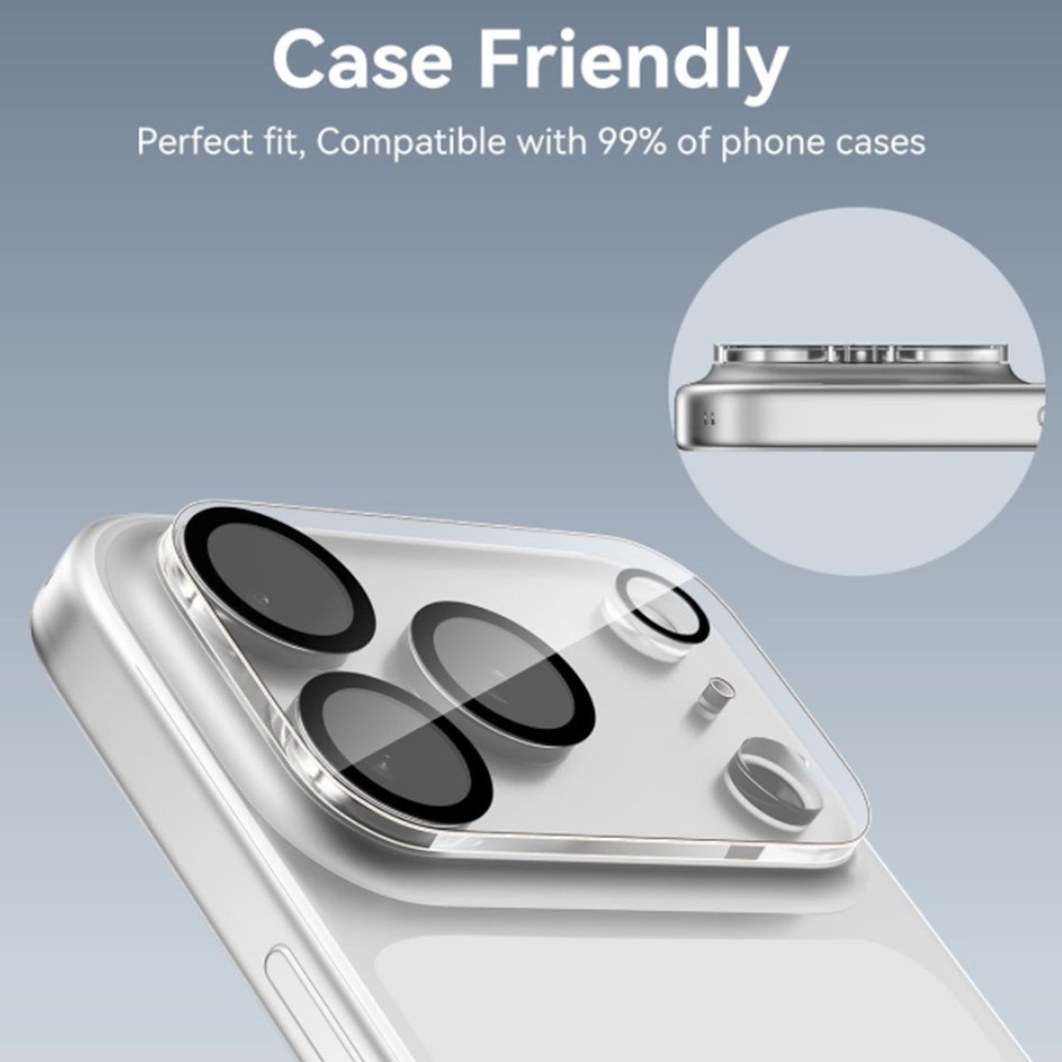 Ein Smartphone-Kameraschutz im Nahbereich mit Text: Hüllenfreundlich und perfekte Passform, kompatibel mit 99%.