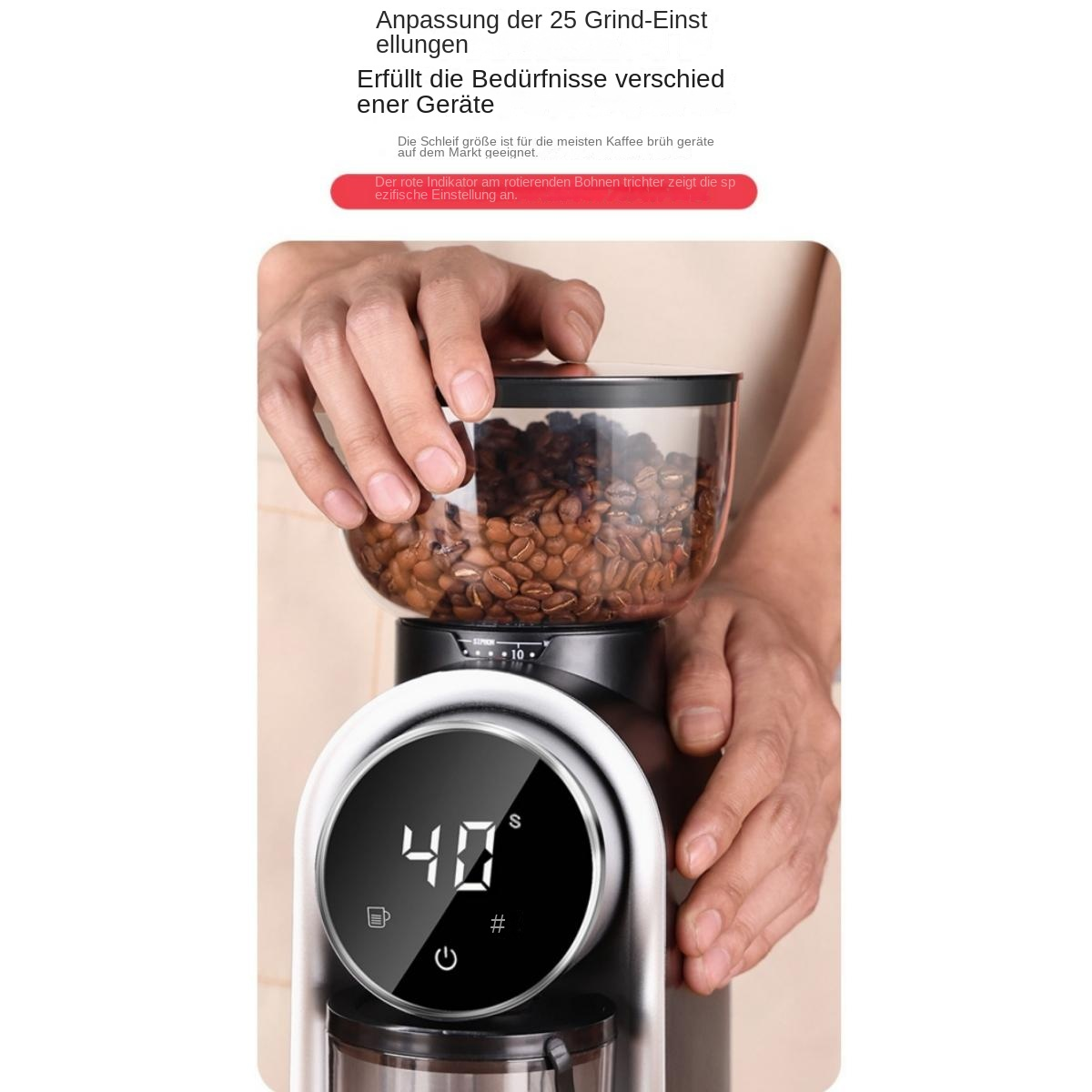 Hände justieren den Bohnenbehälter einer Kaffeemühle mit digitalem Display.