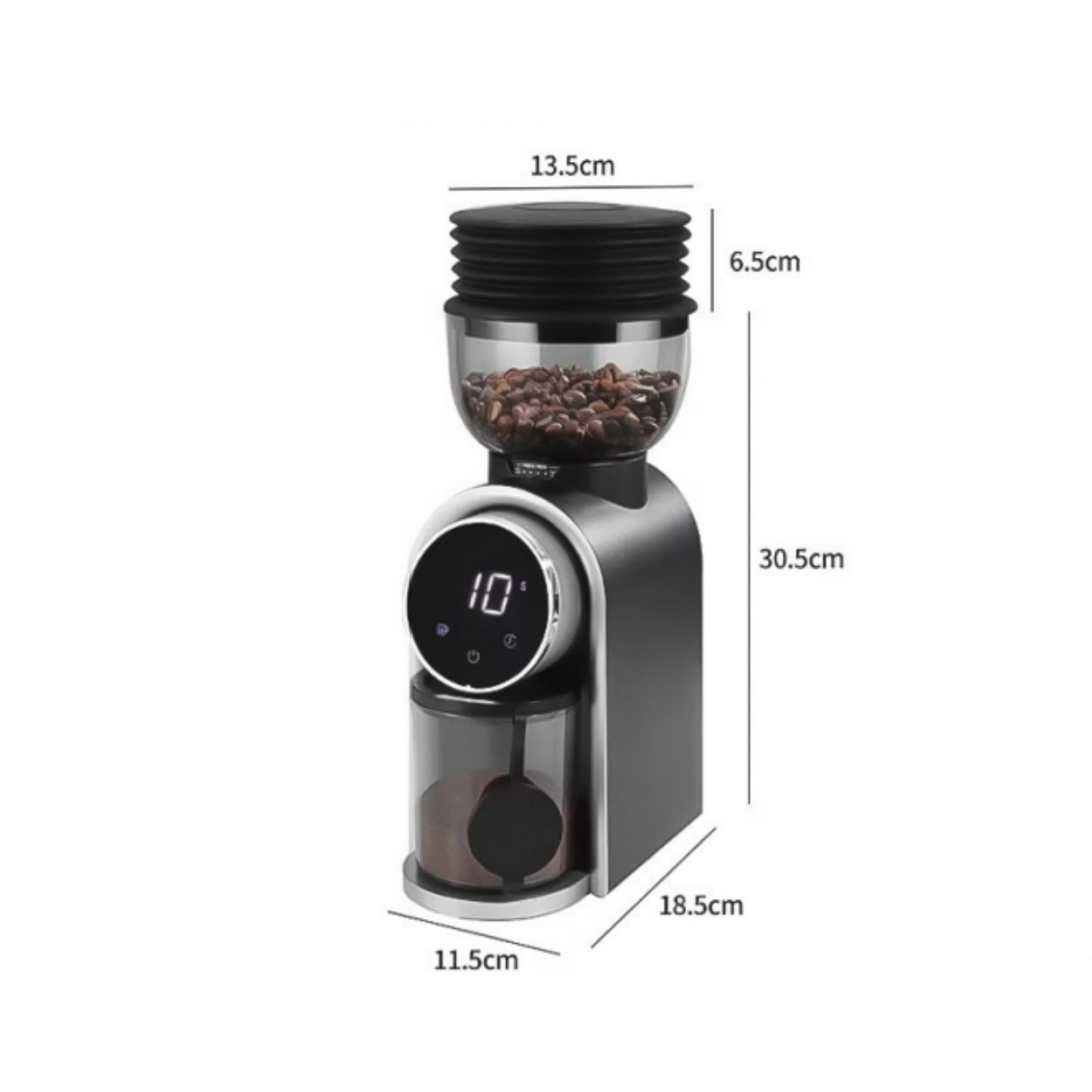 Eine elektrische Kaffeemühle mit Bohnenbehälter, digitalem Display und Maßangaben.