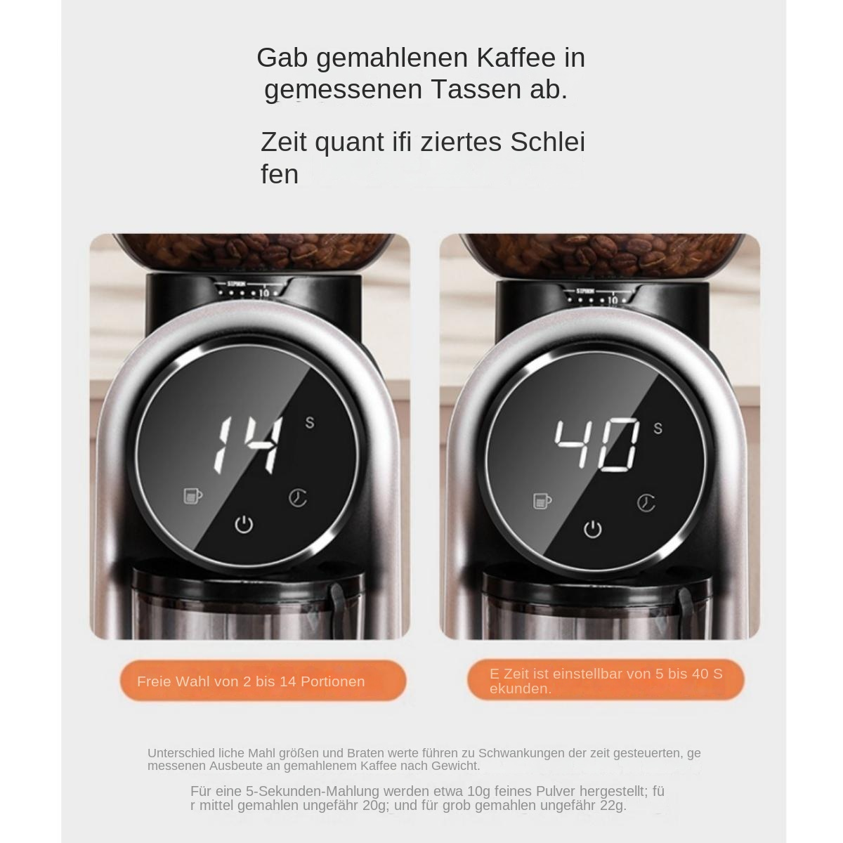 Zwei Kaffeemühlen-Bedienfelder mit digitalen Timern für 14 und 40 Sekunden und deutschem Text.