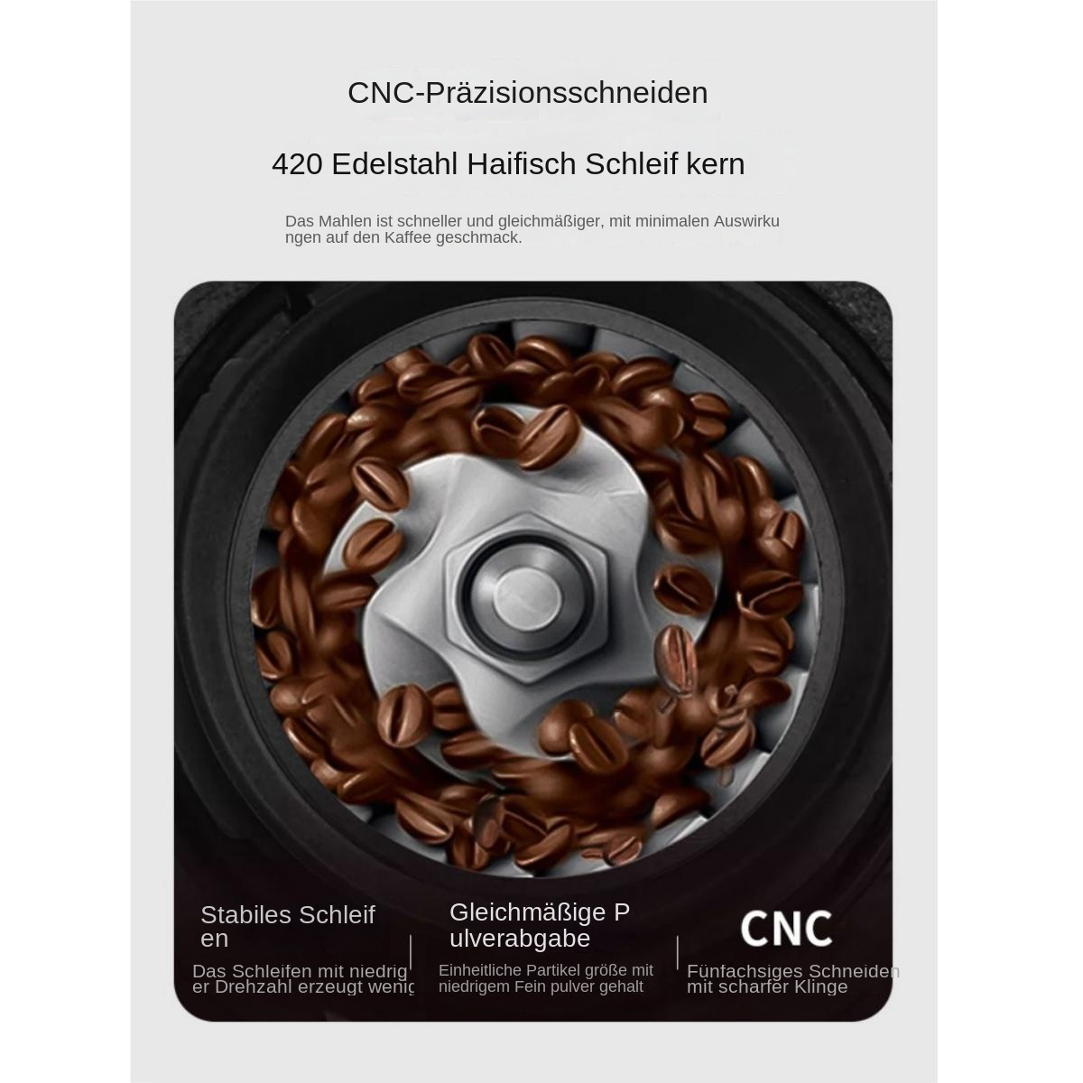 Kaffeebohnen umgeben einen silbernen Schleifkern in einem Mahlwerk mit deutscher Beschriftung.