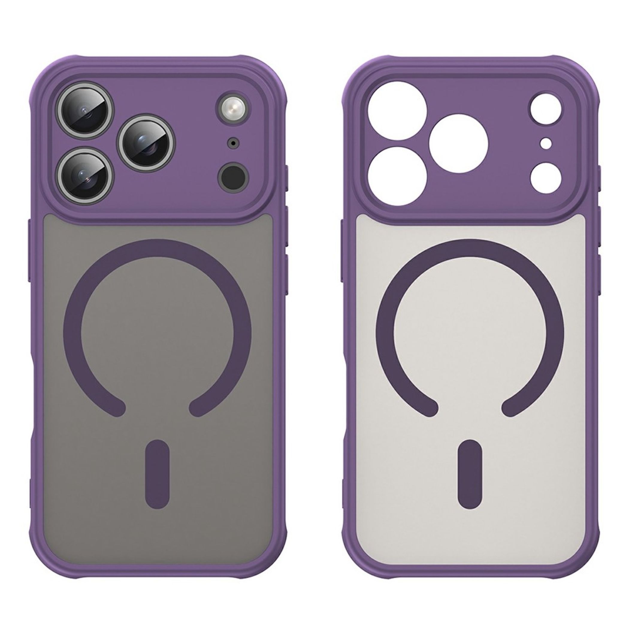 Dos fundas de móvil moradas con anillo MagSafe y recorte para cámara sobre fondo blanco.