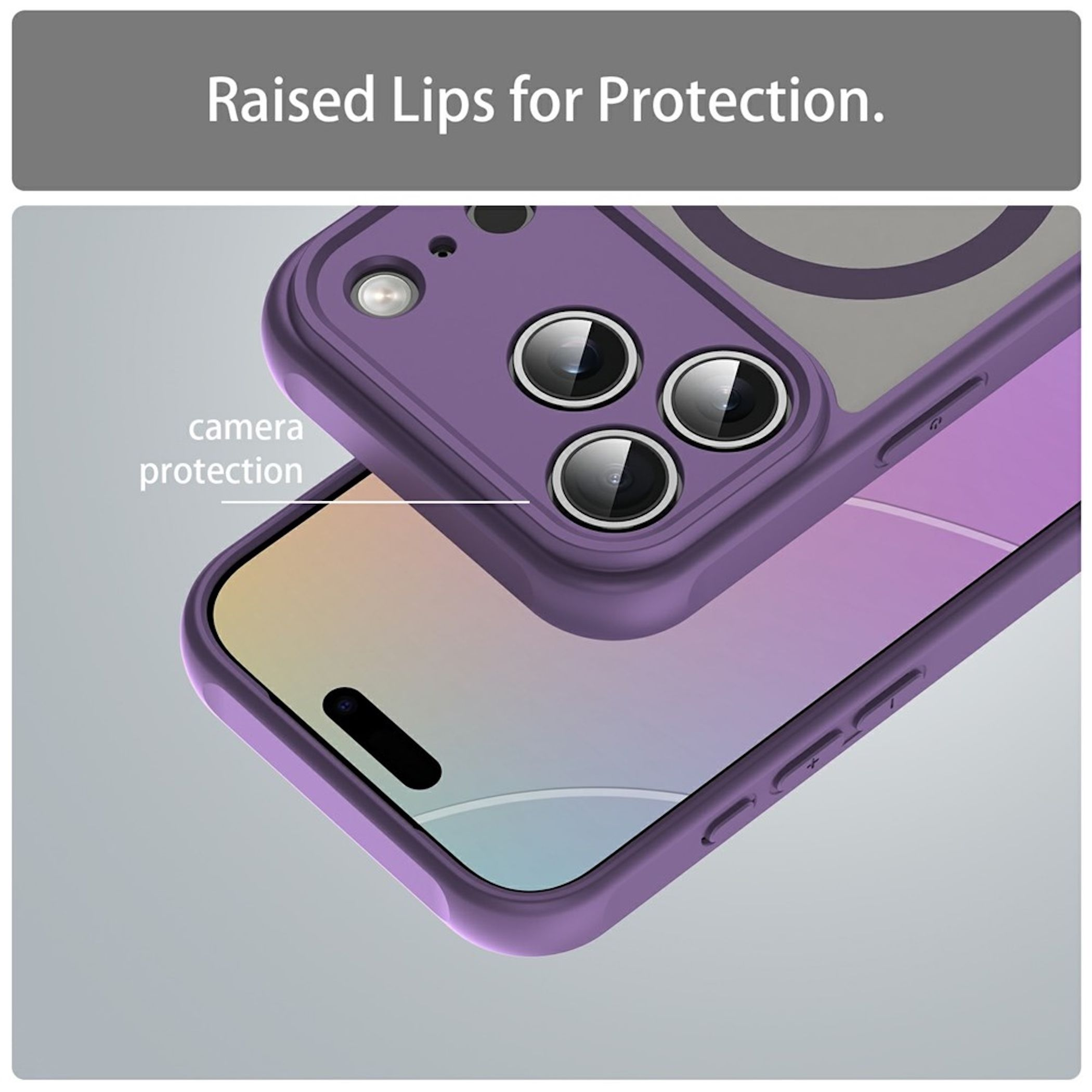 Funda de móvil morada con bordes elevados alrededor de las lentes de la cámara.