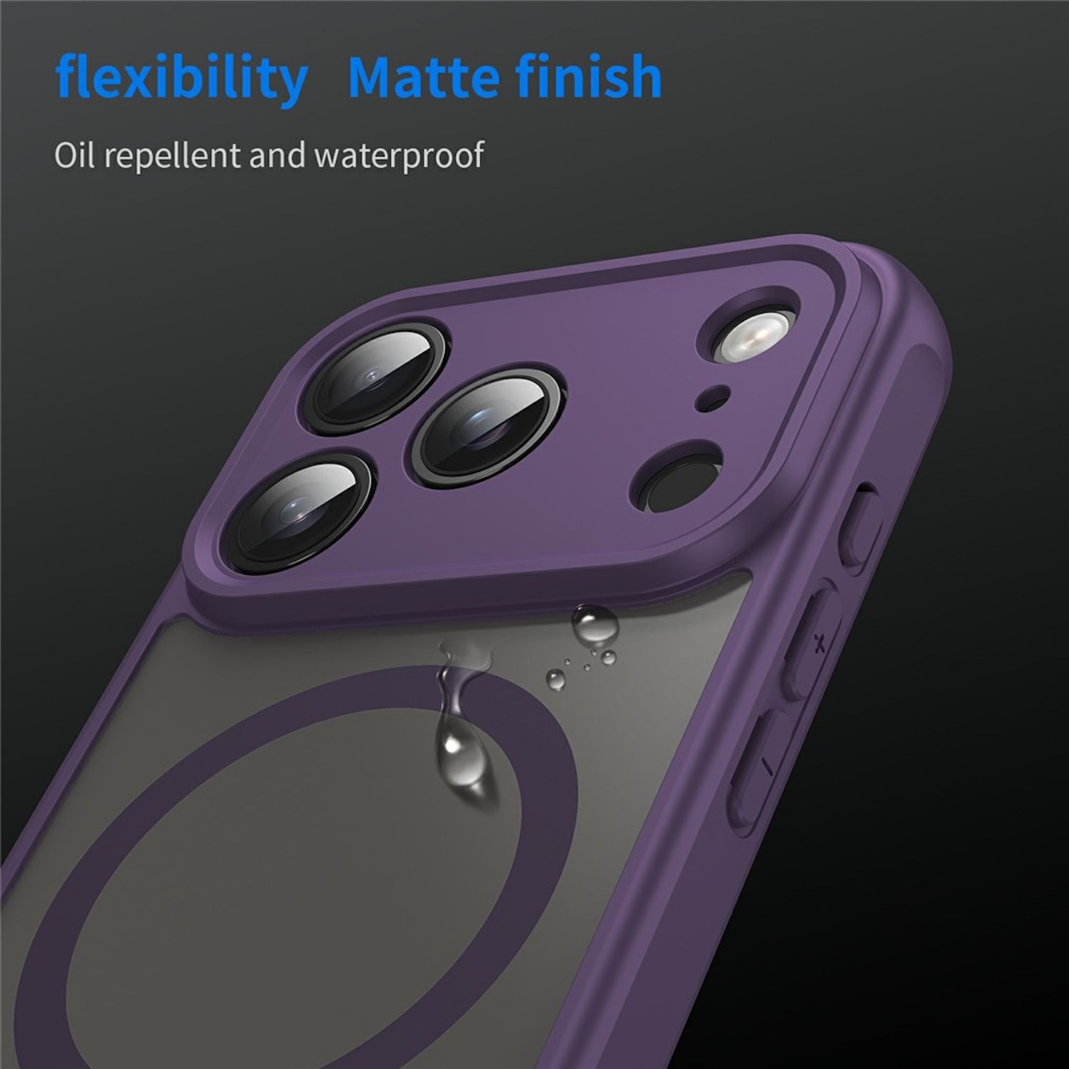 Una funda de teléfono morada mate con recortes para la cámara y gotas de agua.