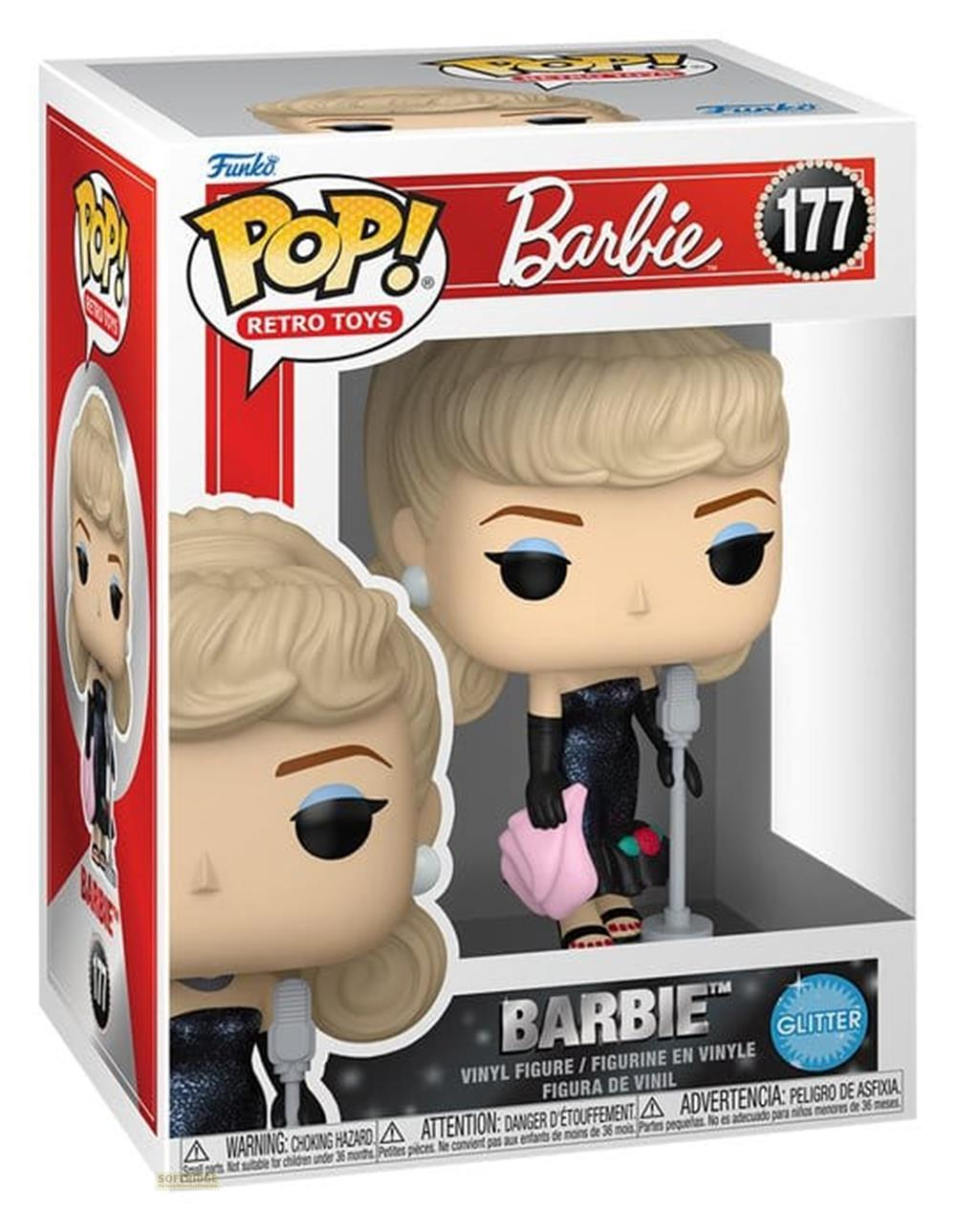 Eine Funko Pop Barbie Retro Toys Vinylfigur in ihrer Box mit blonden Haaren, schwarzem Kleid und Mikrofon.