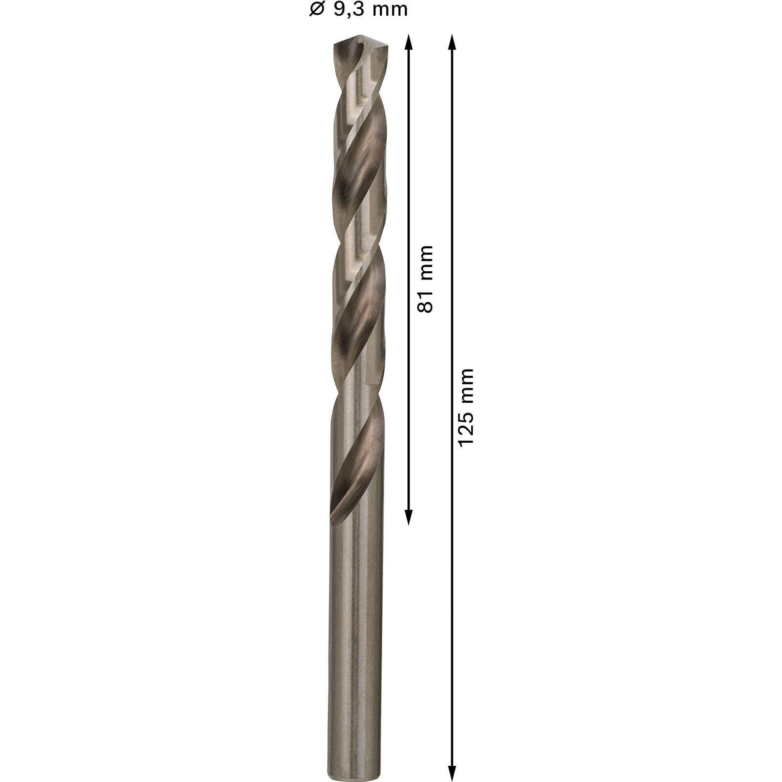 Ein 9,3 mm Spiralbohrer mit 81 mm Arbeitslänge und 125 mm Gesamtlänge auf weißem Hintergrund.