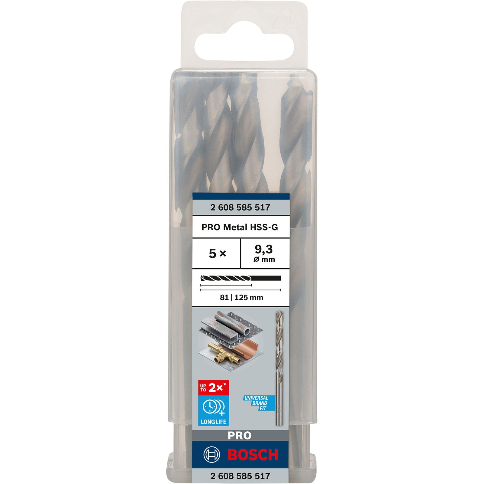 Verpackung mit fünf Bosch PRO Metal HSS-G Spiralbohrern 9,3 mm.