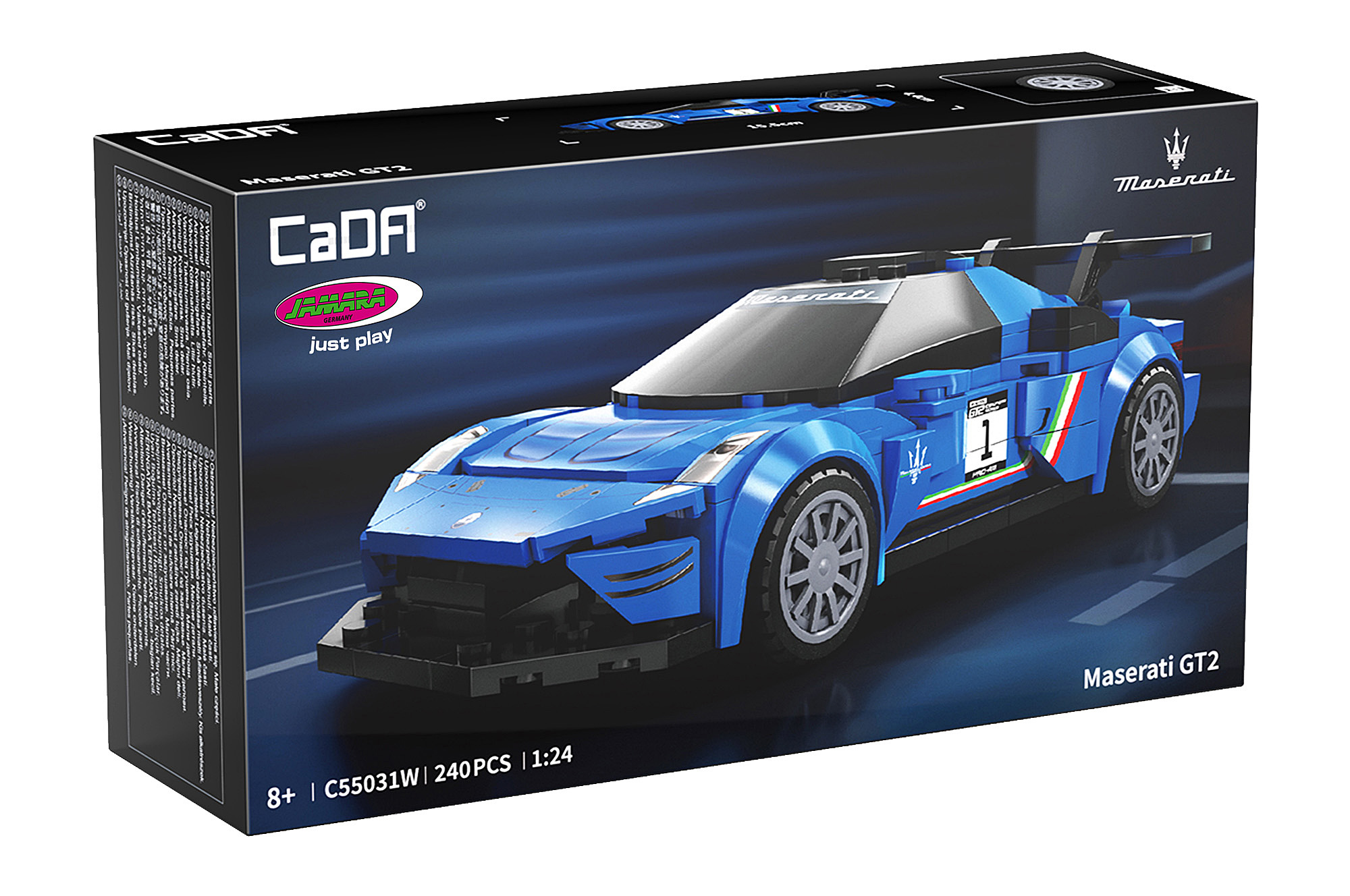 Verpackung eines blauen Maserati GT2 Klemmbausteinautos auf dunklem Hintergrund.
