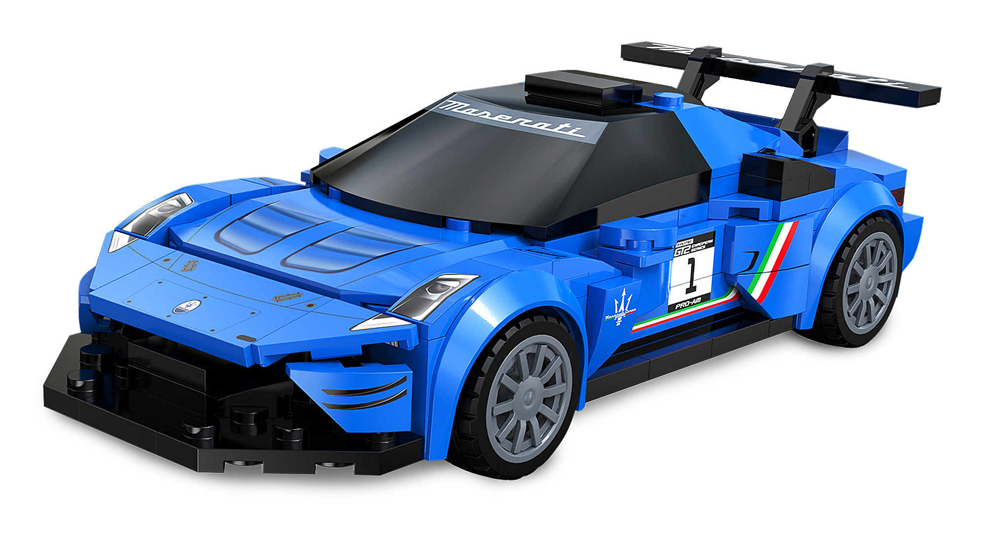 Ein blauer Maserati-Rennwagen aus Lego-Steinen mit schwarzem Dach, großer Heckflosse und weißer Nummer 1 an der Tür.
