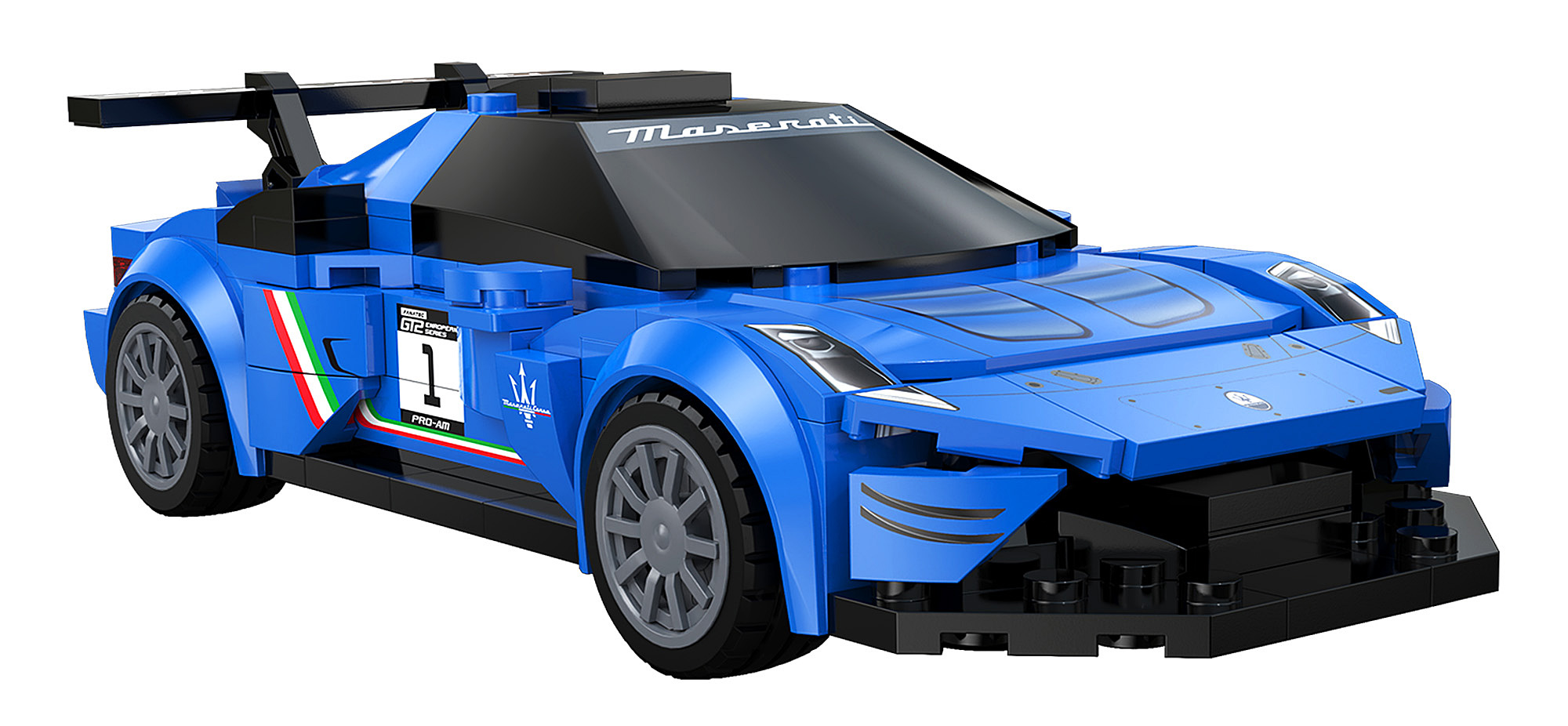 Ein blauer Maserati-Rennwagen aus Lego-Steinen mit Heckflügel und der Nummer 1 an der Seite auf weißem Hintergrund.