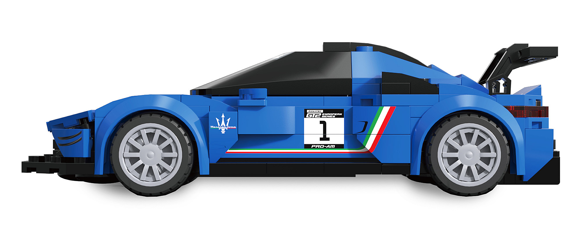 Seitenansicht eines blauen Lego-Rennwagens mit der Startnummer 1 und schwarzem Dach vor weißem Hintergrund.