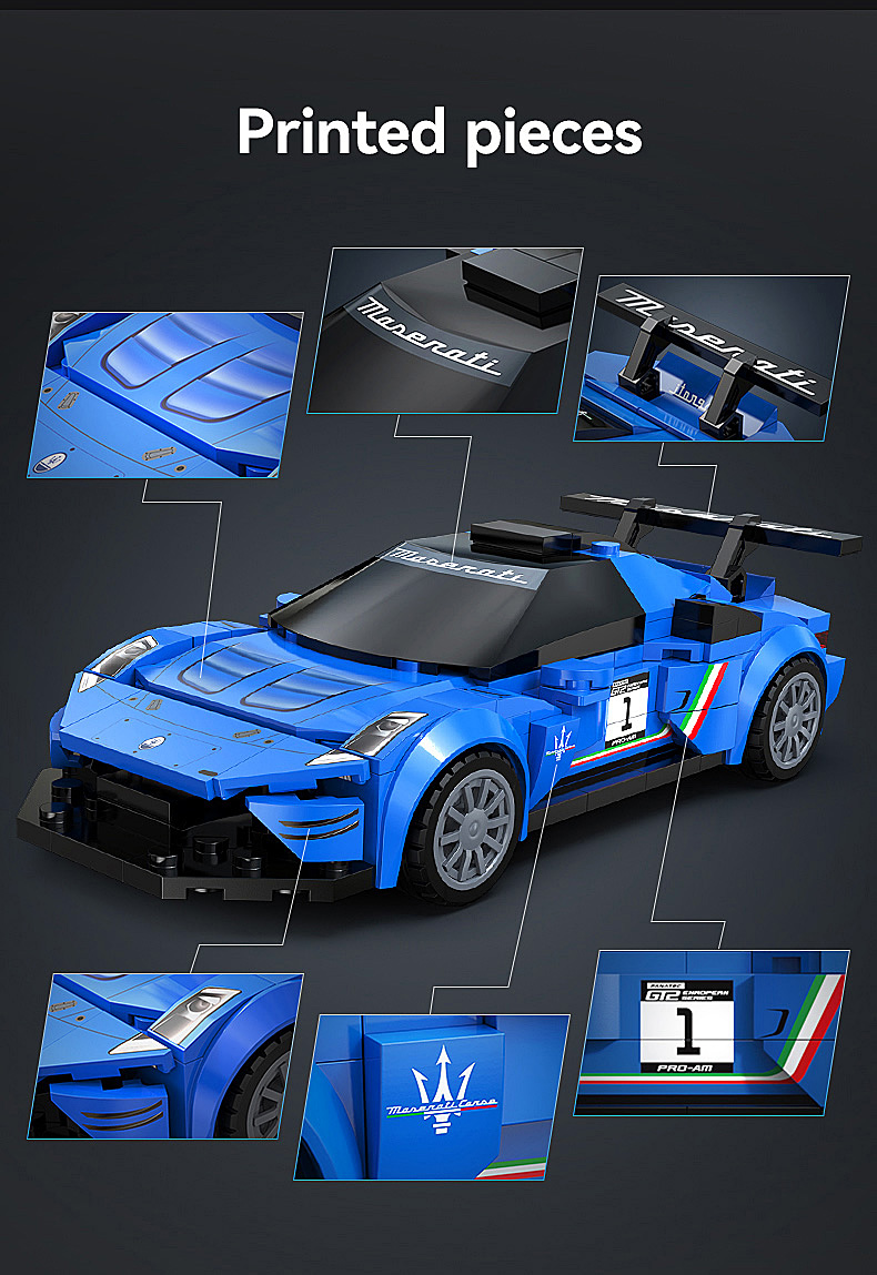 Ein blauer Lego Maserati GT2 mit gedruckten Details, umgeben von Detailaufnahmen seiner bedruckten Teile.