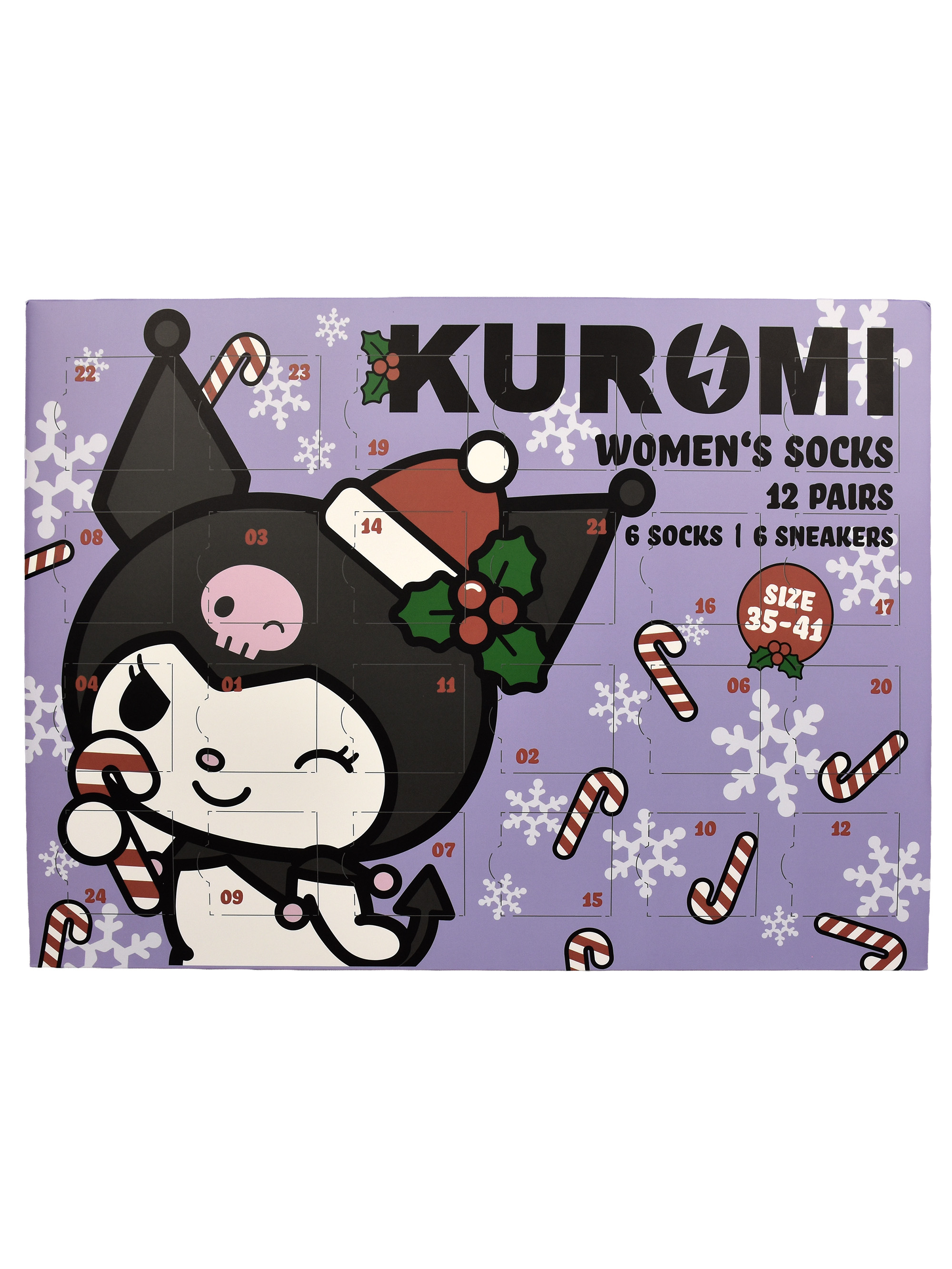 Kuromi-Adventskalender für Damensocken mit Weihnachtsmotiv, Schneeflocken und Bonbons auf lila Hintergrund.