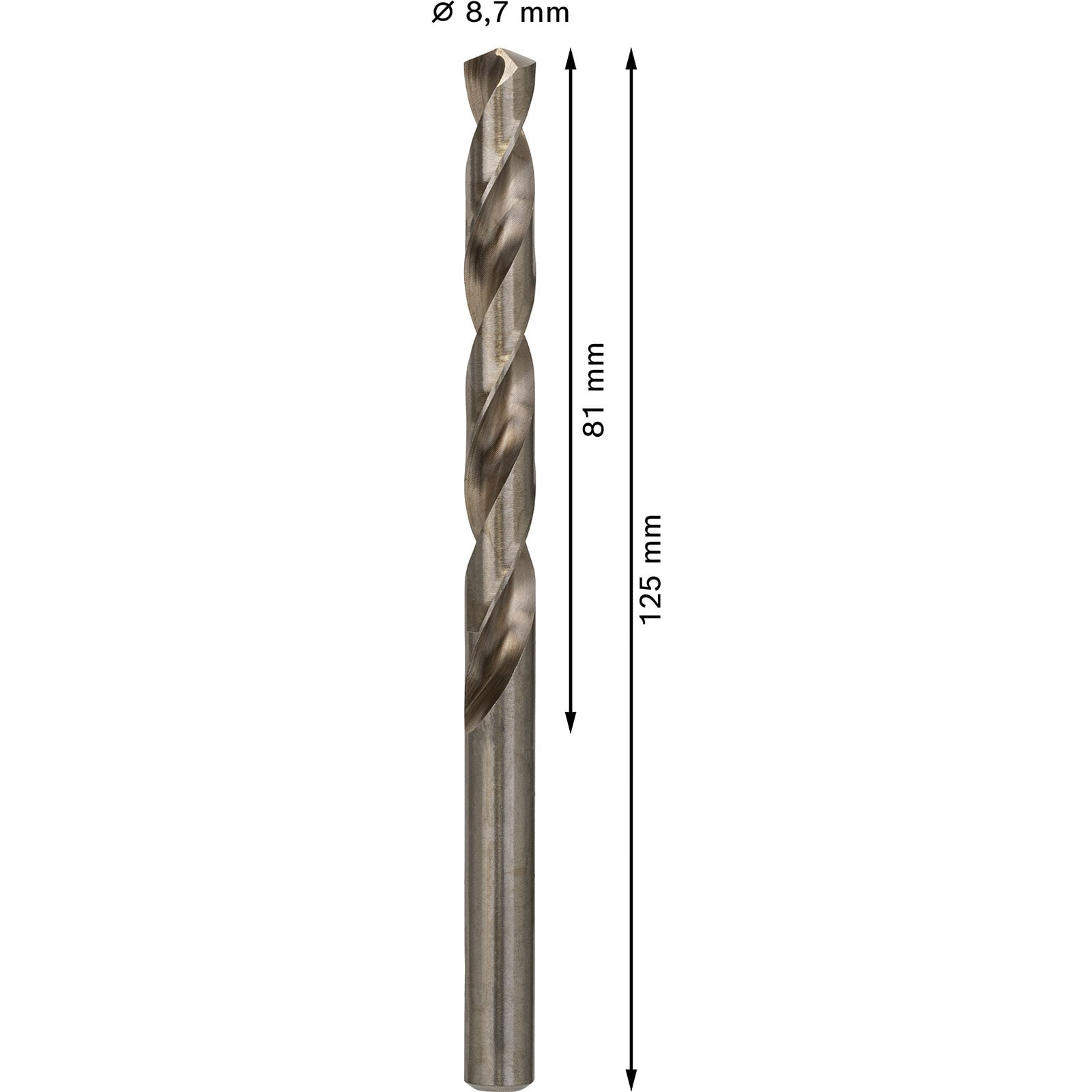Ein 8,7 mm Spiralbohrer aus Metall mit Maßangaben: 81 mm Arbeitslänge und 125 mm Gesamtlänge.