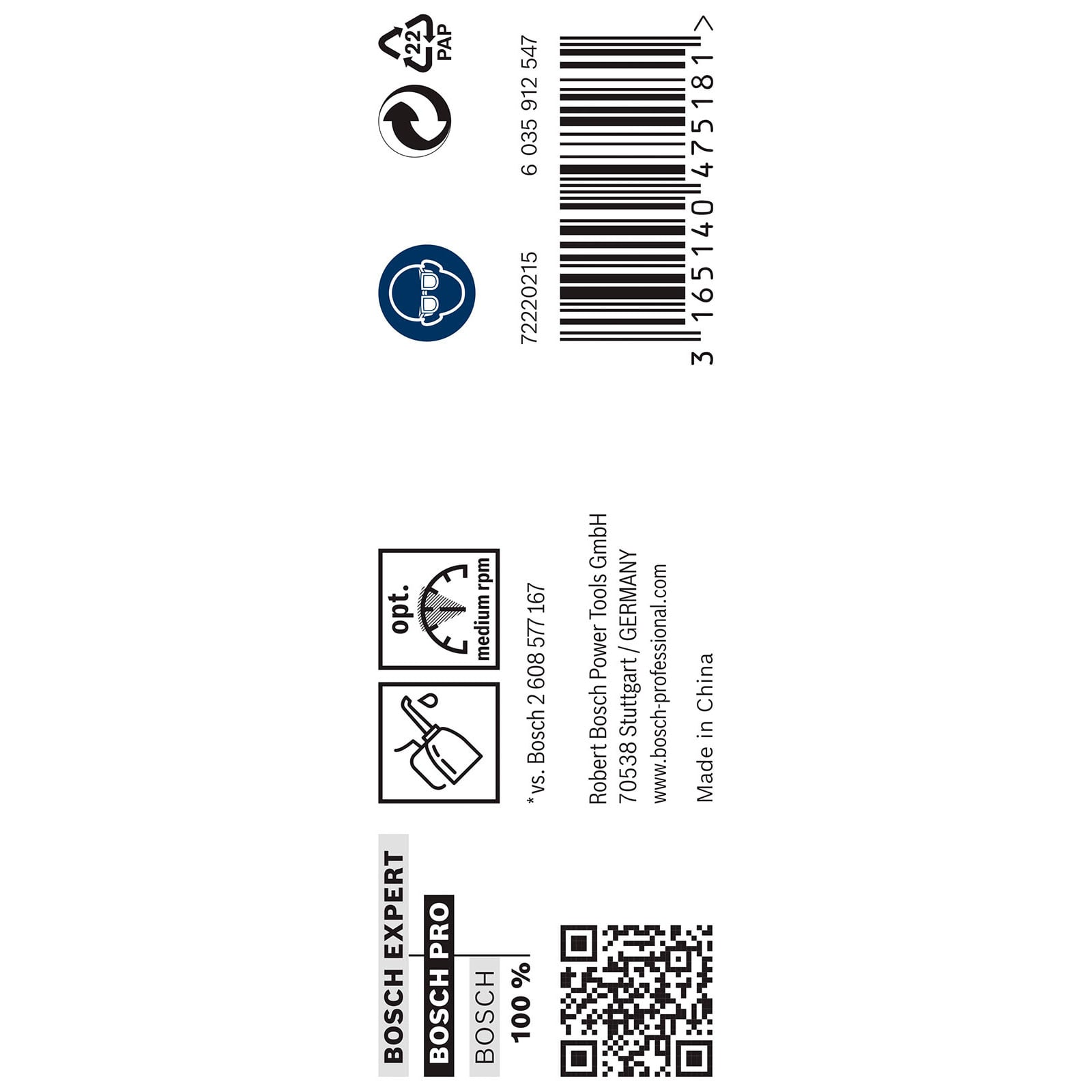 Produktetikett mit Bosch-Logo, Barcode, QR-Code und Sicherheitssymbolen auf weißem Hintergrund.
