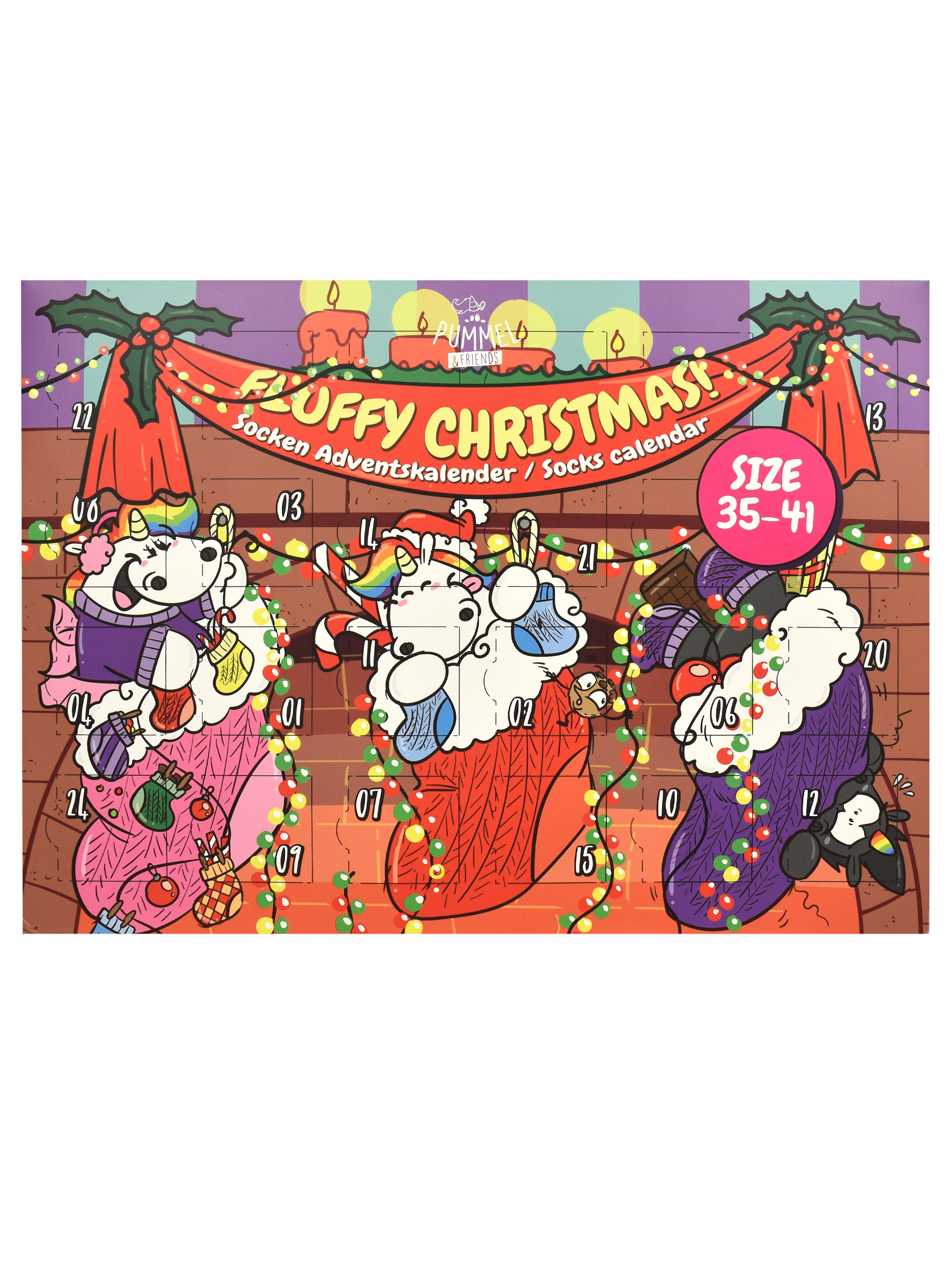 Ein buntes Adventskalender-Design mit drei großen Nikolaustiefeln, niedlichen Einhörnern und der Aufschrift Fluffy Christmas.
