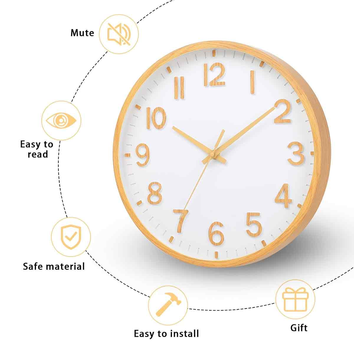 Eine hölzerne Wanduhr mit weißen Zifferblatt zeigt Funktionen wie Mute, einfache Lesbarkeit und sichere Materialien.