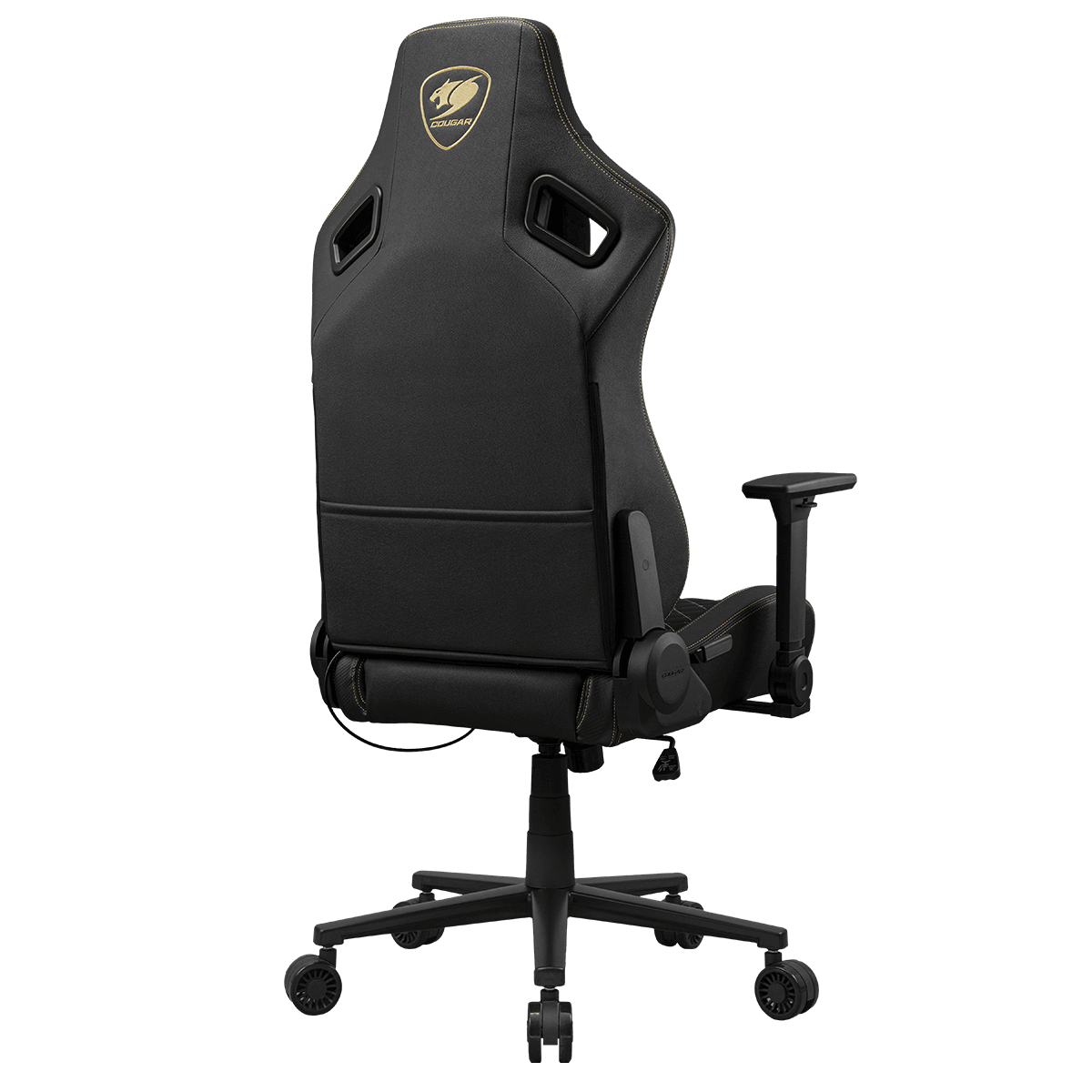 Schwarzer Cougar Gaming-Stuhl von hinten gegen dunklen Hintergrund mit goldenem Logo.