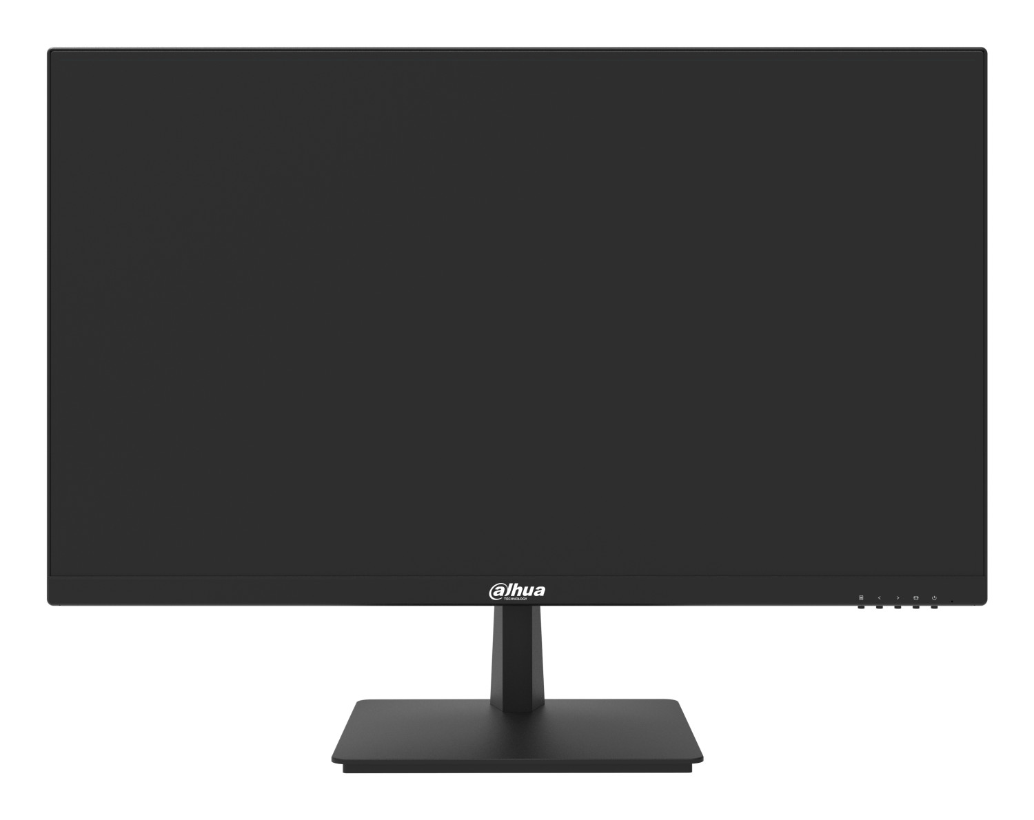 Un monitor PC Dahua nero con schermo piatto e base quadrata su sfondo bianco.