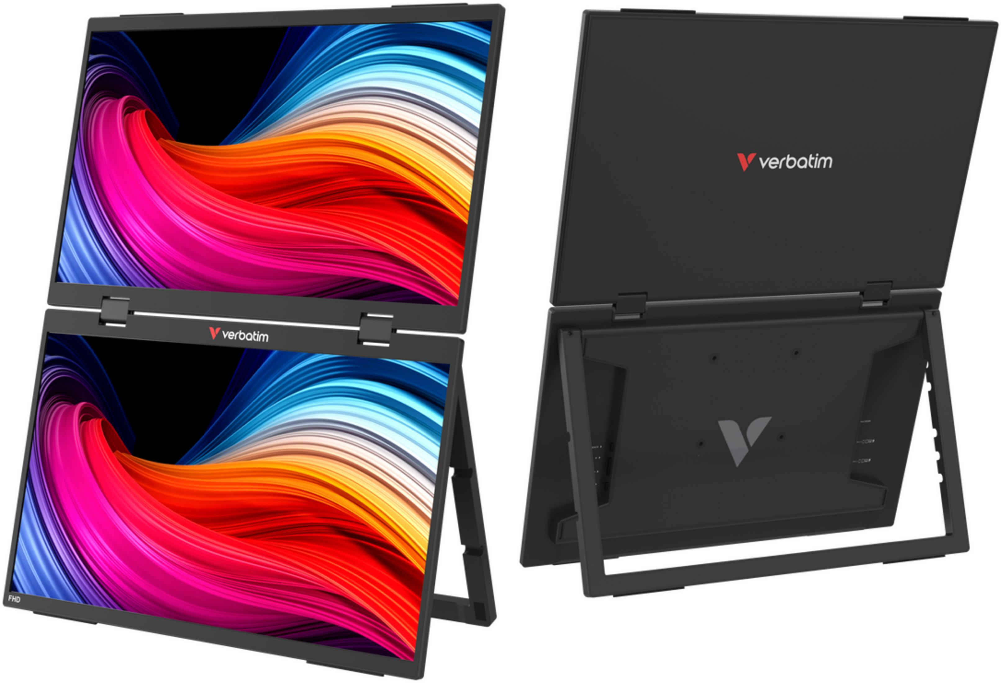 Due viste di un monitor portatile a doppio schermo Verbatim con uno sfondo astratto colorato.