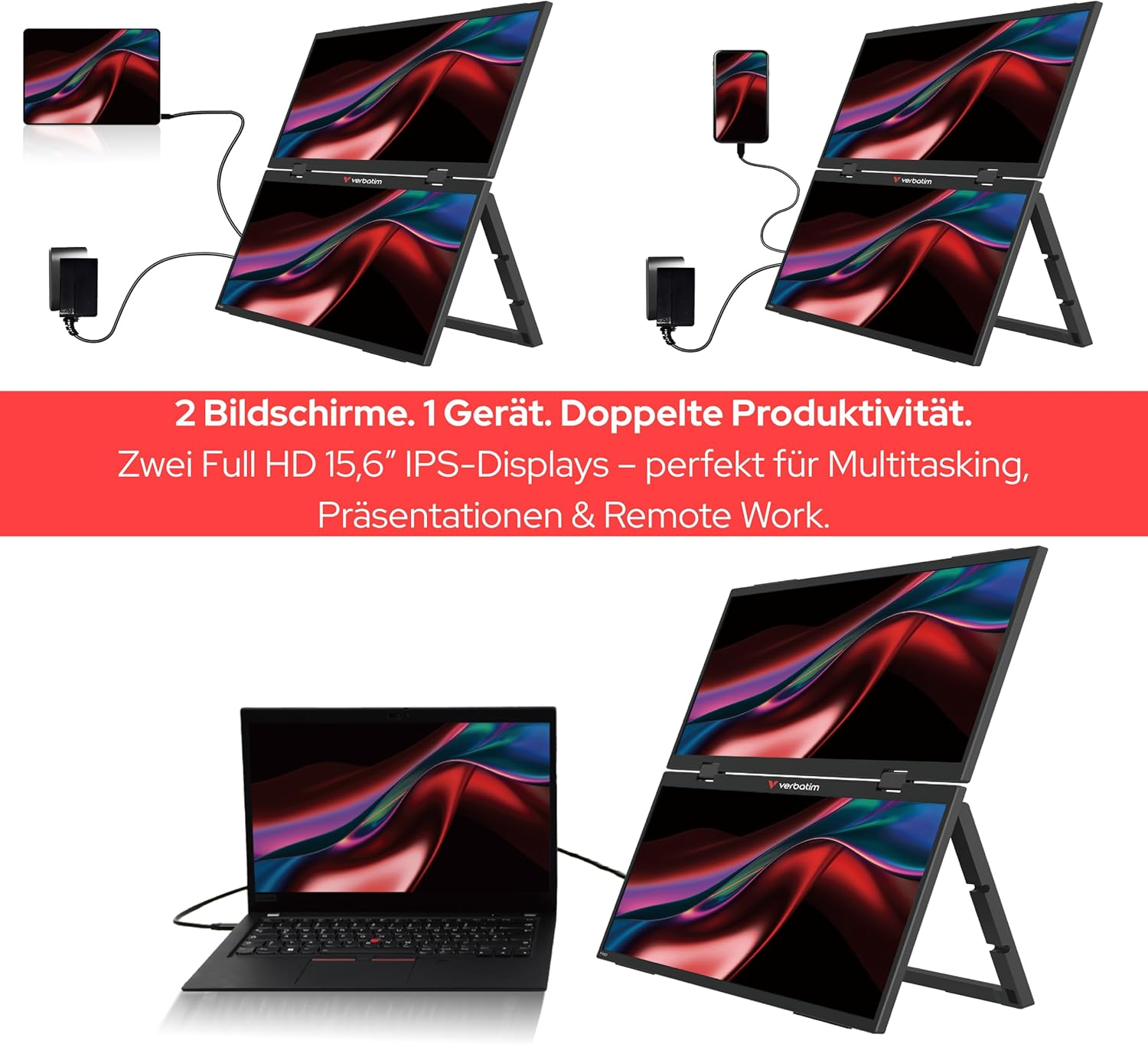 Doppio monitor portatile Verbatim con due schermi IPS Full HD da 15,6", collegato a un computer portatile su sfondo bianco.